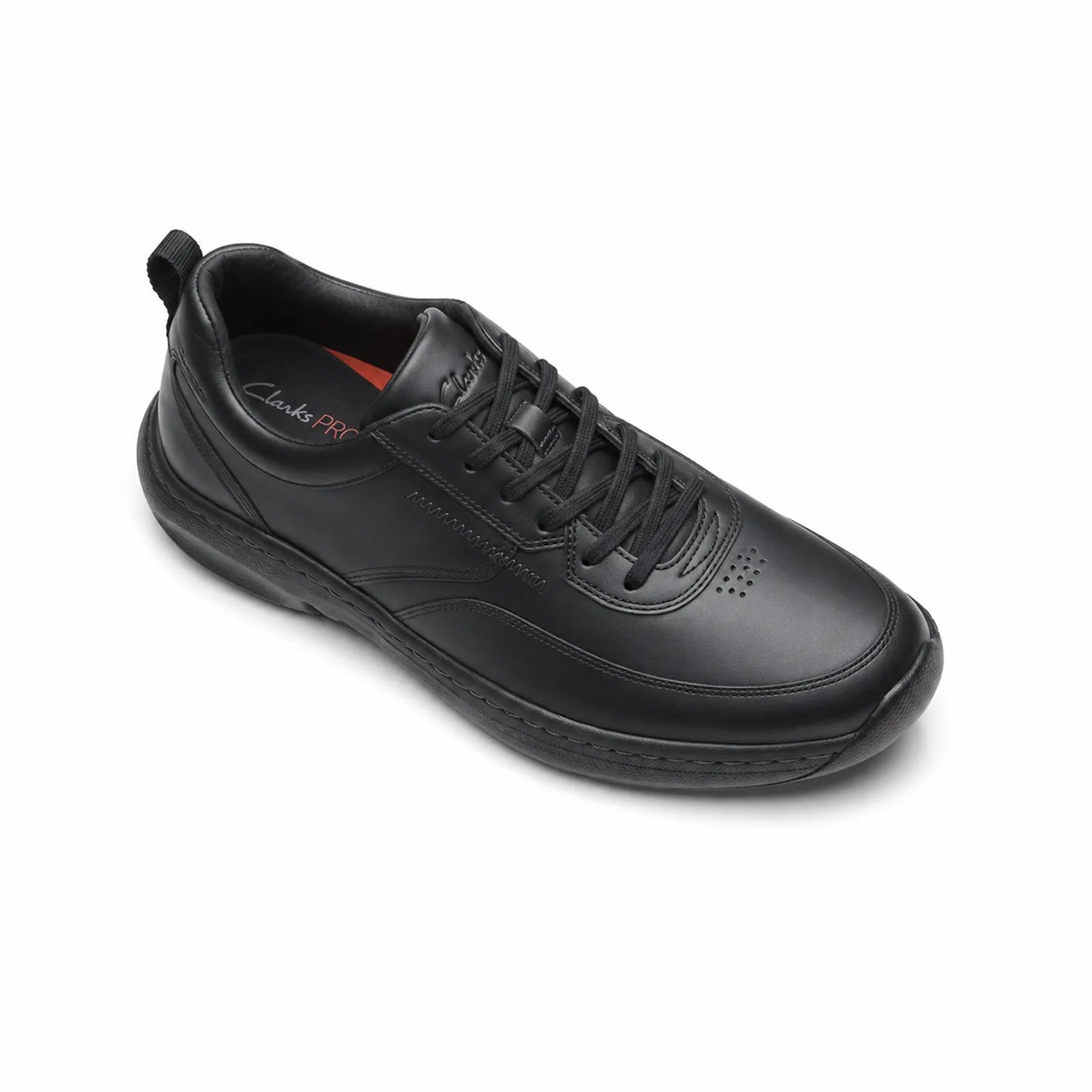 Men's black leather lace-up sneakers, side view, with stitching and low-profile sole