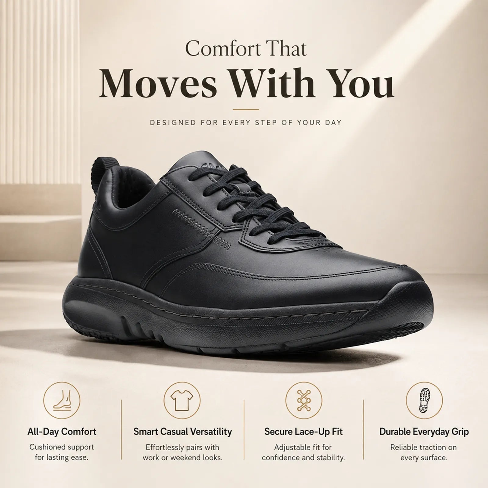Men's black leather lace-up sneakers front view on an all-day comfort campaign