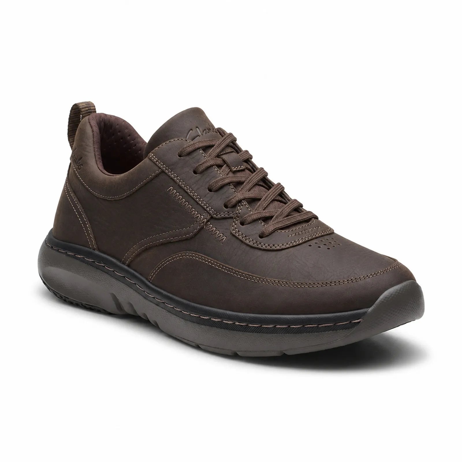 Men's chestnut leather lace-up sneakers with stitched overlays and rubber outsole