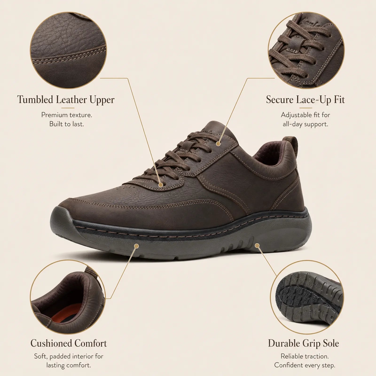 Dark leather men’s lace-up sneakers with rubber sole and cushioned lining at collar