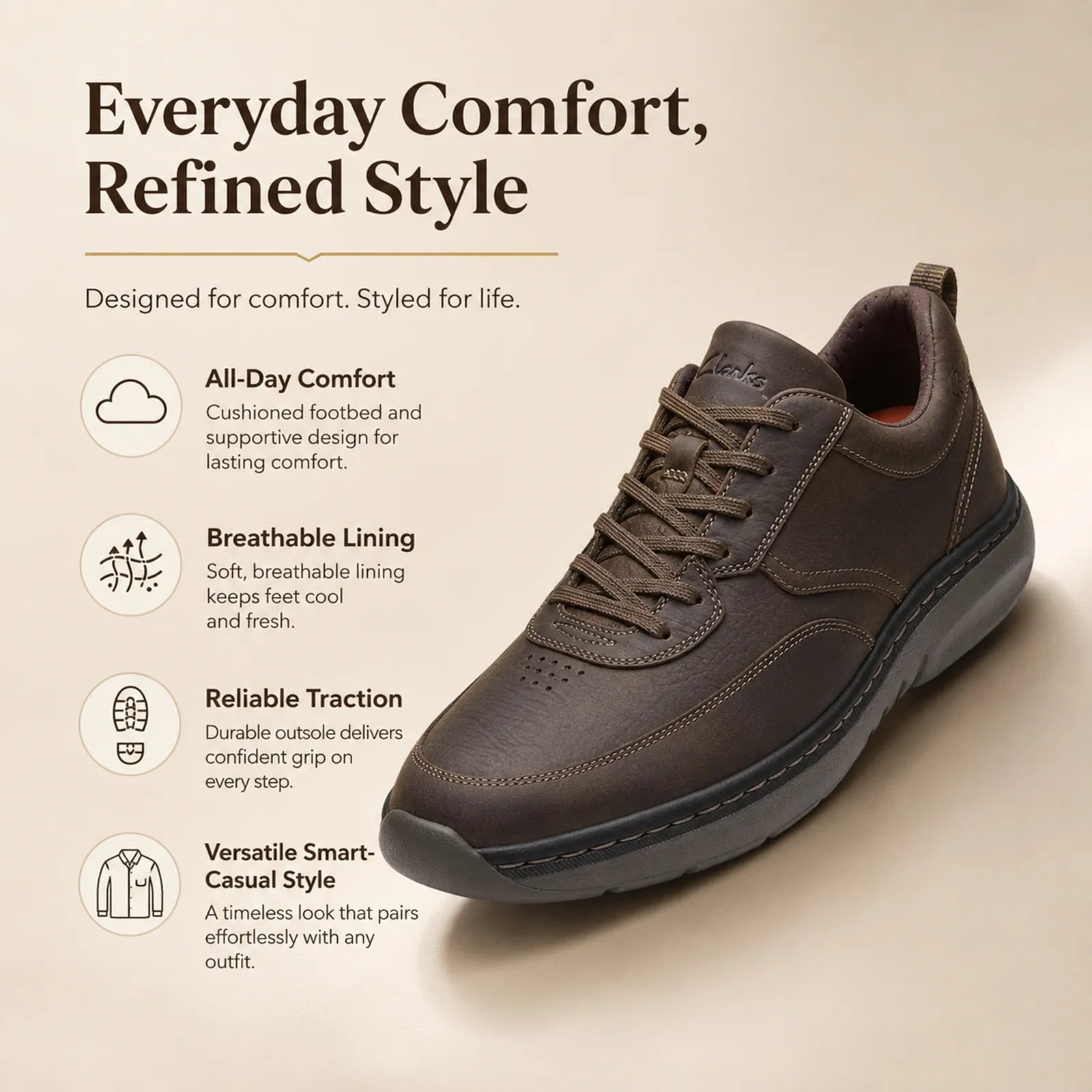 Dark leather men’s lace-up sneakers, side view with padded collar and rubber outsole