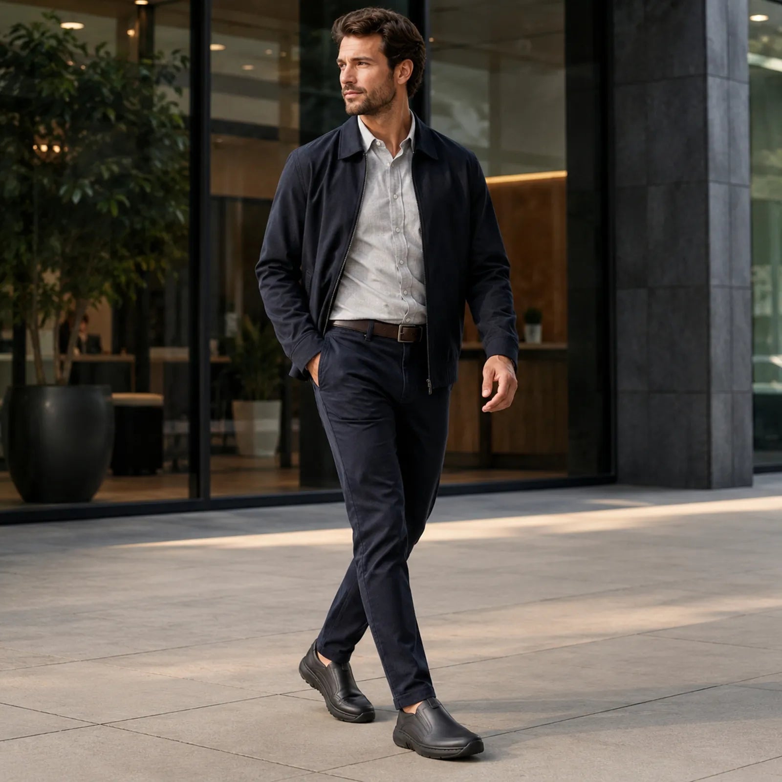 Men's black leather casual sneakers worn with dark trousers