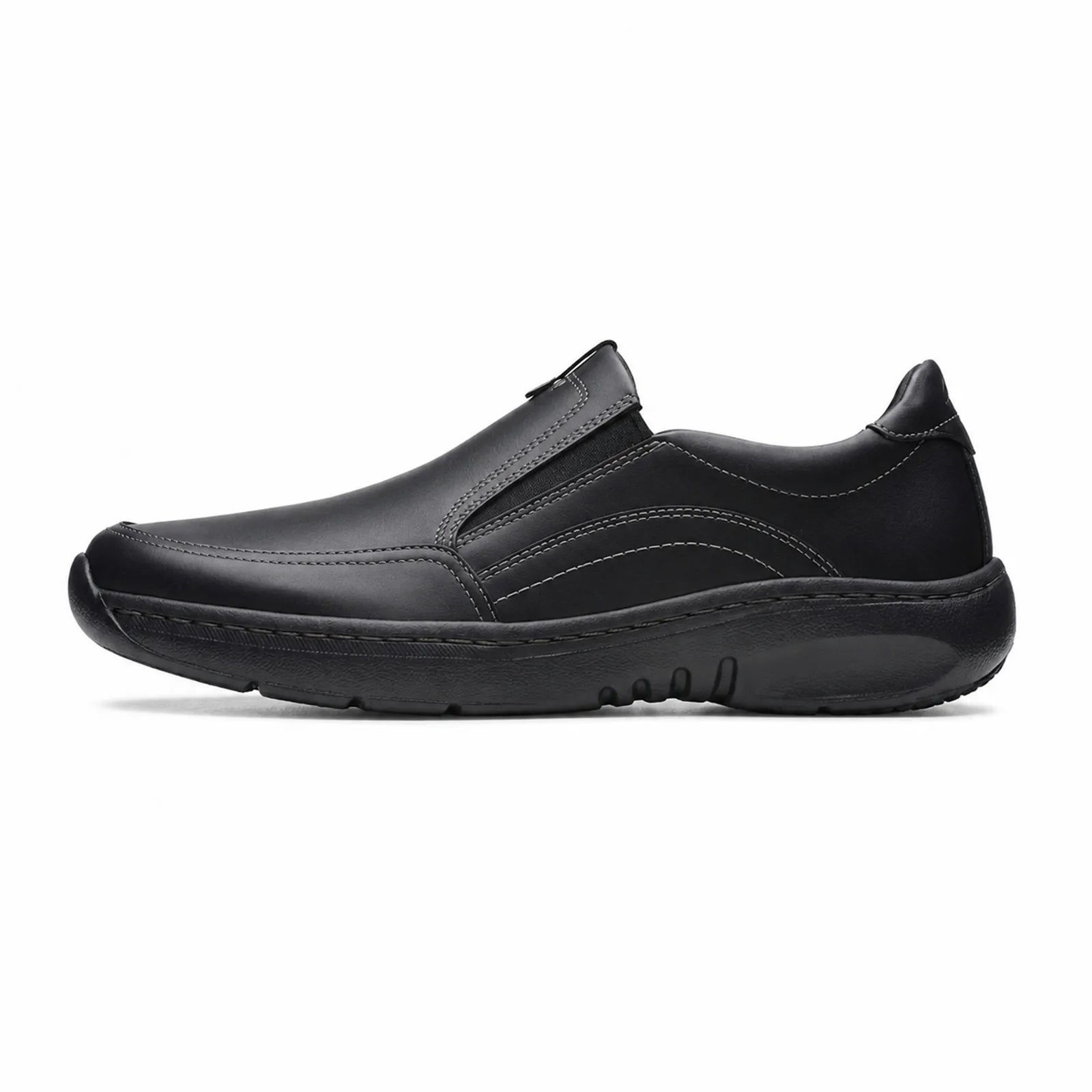 Men's black leather slip-on sneakers with hook strap and rounded toe