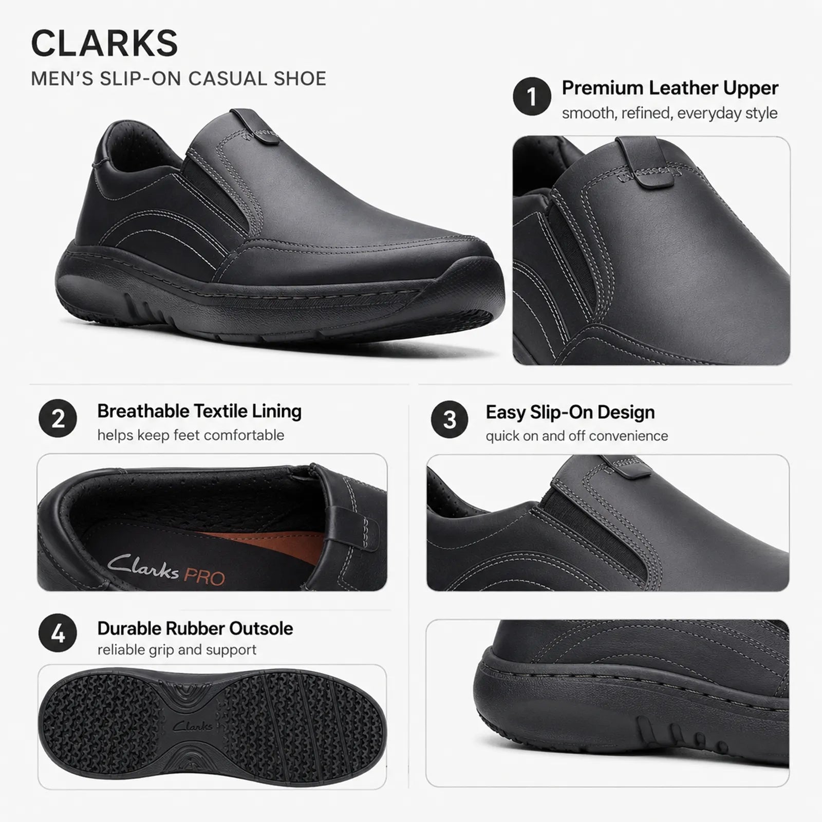 Men's black leather slip-on casual shoe showing comfort lining and rubber outsole