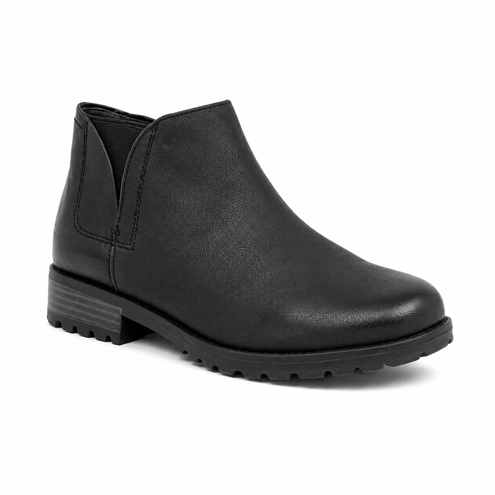 Women's black leather ankle boots, side profile with slip-on panel and chunky tread sole