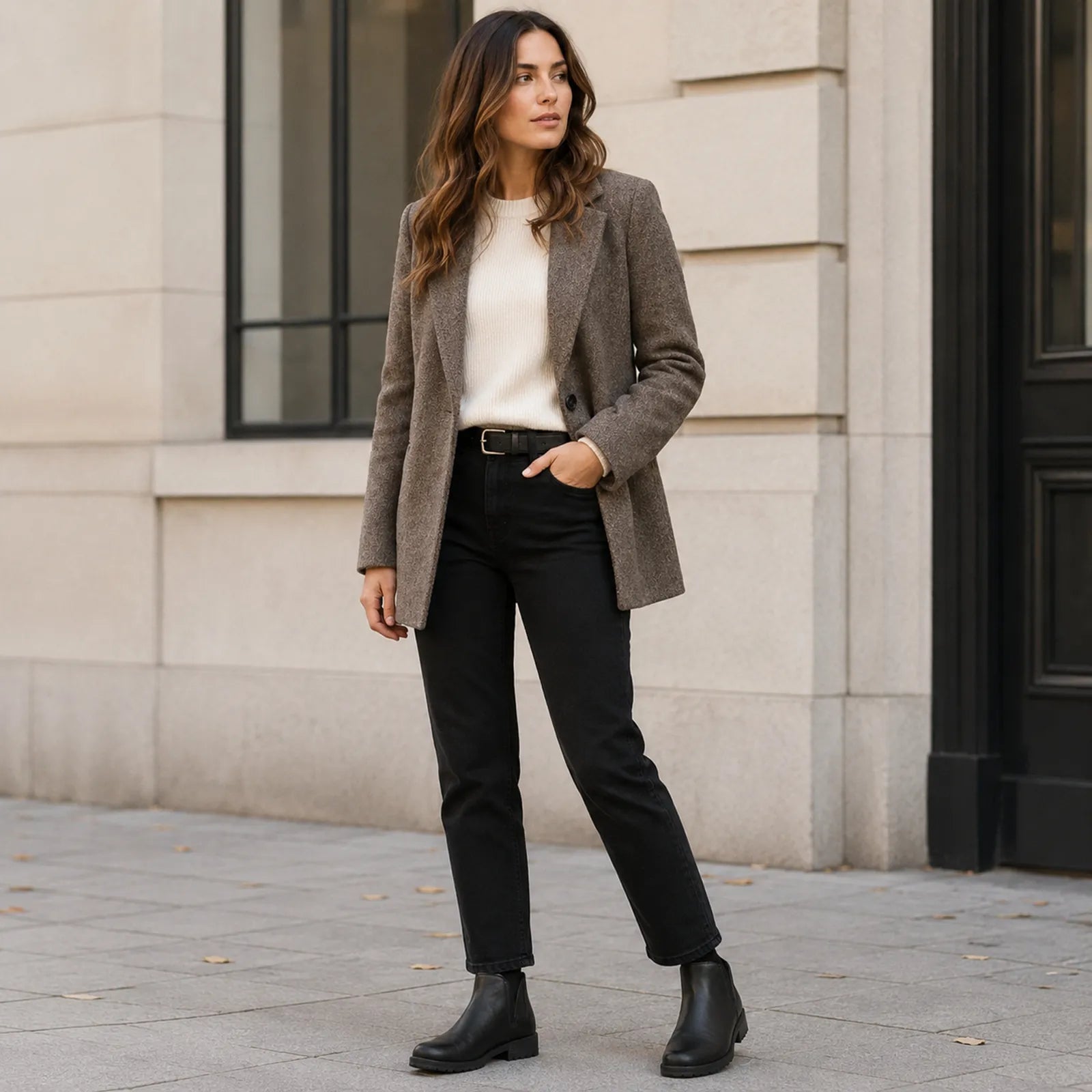 Black leather ankle boots with elastic side panels and low block heel