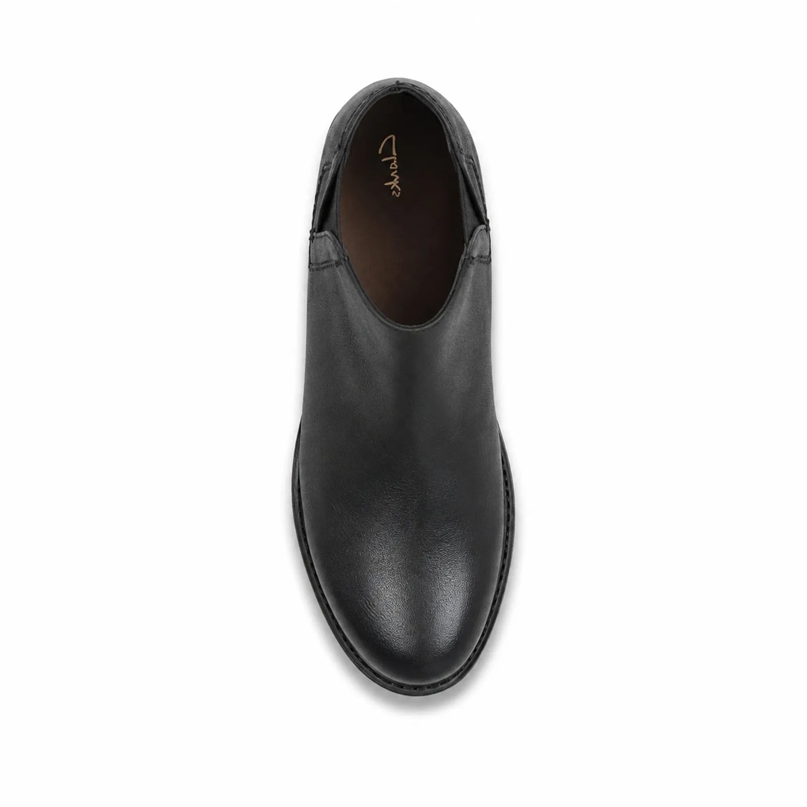 Black leather ankle boot with rounded toe and elastic side gore