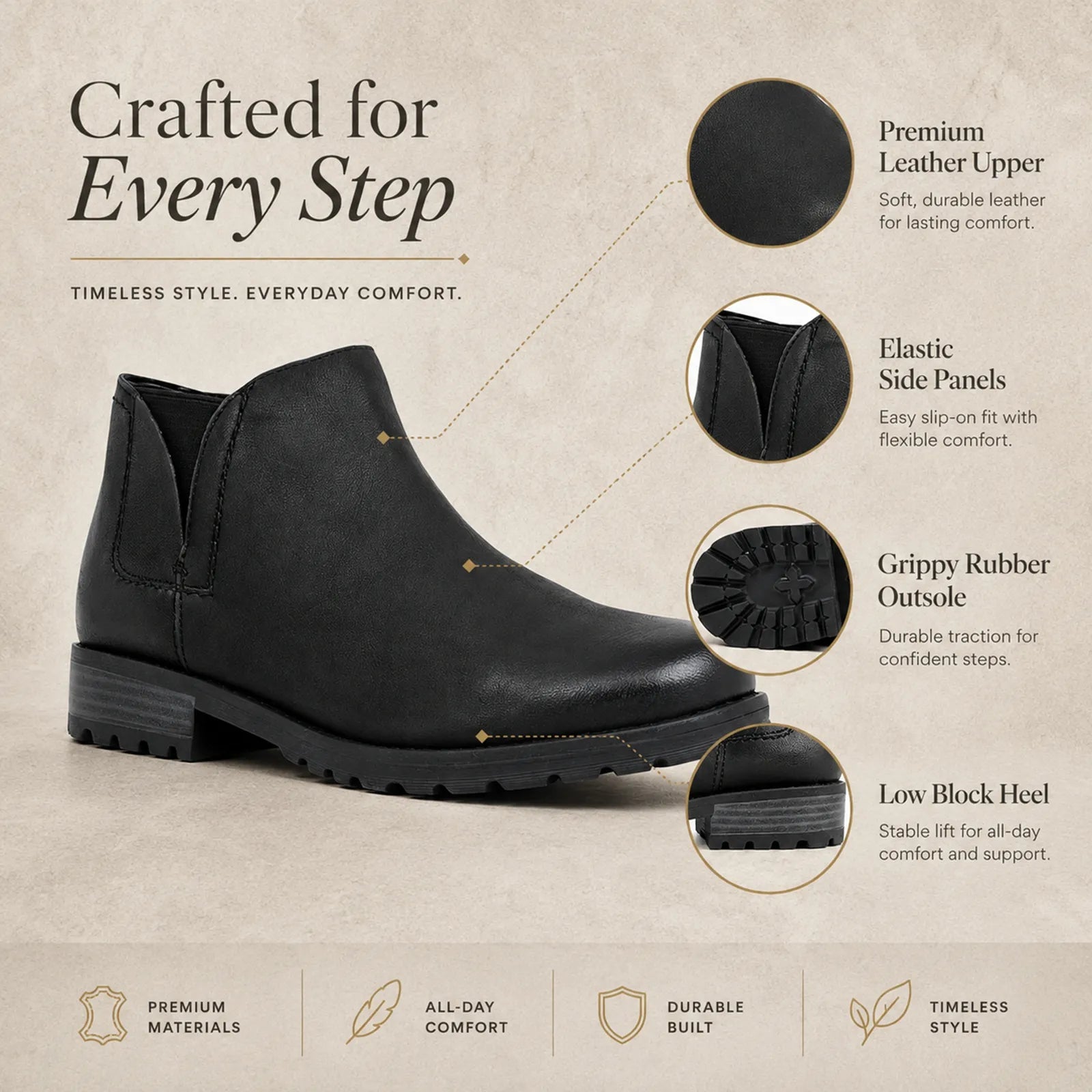 Black leather ankle boot with elastic side panels and grippy rubber outsole