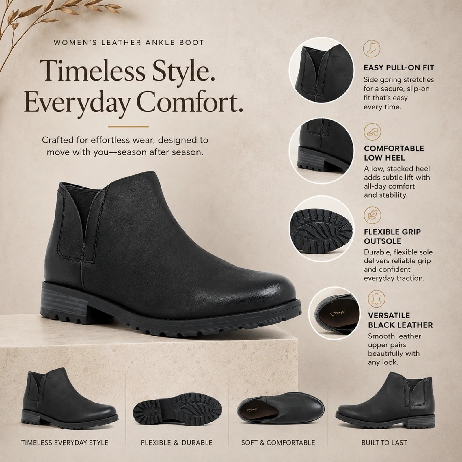 Black leather women's ankle boot with side elastic and low block heel