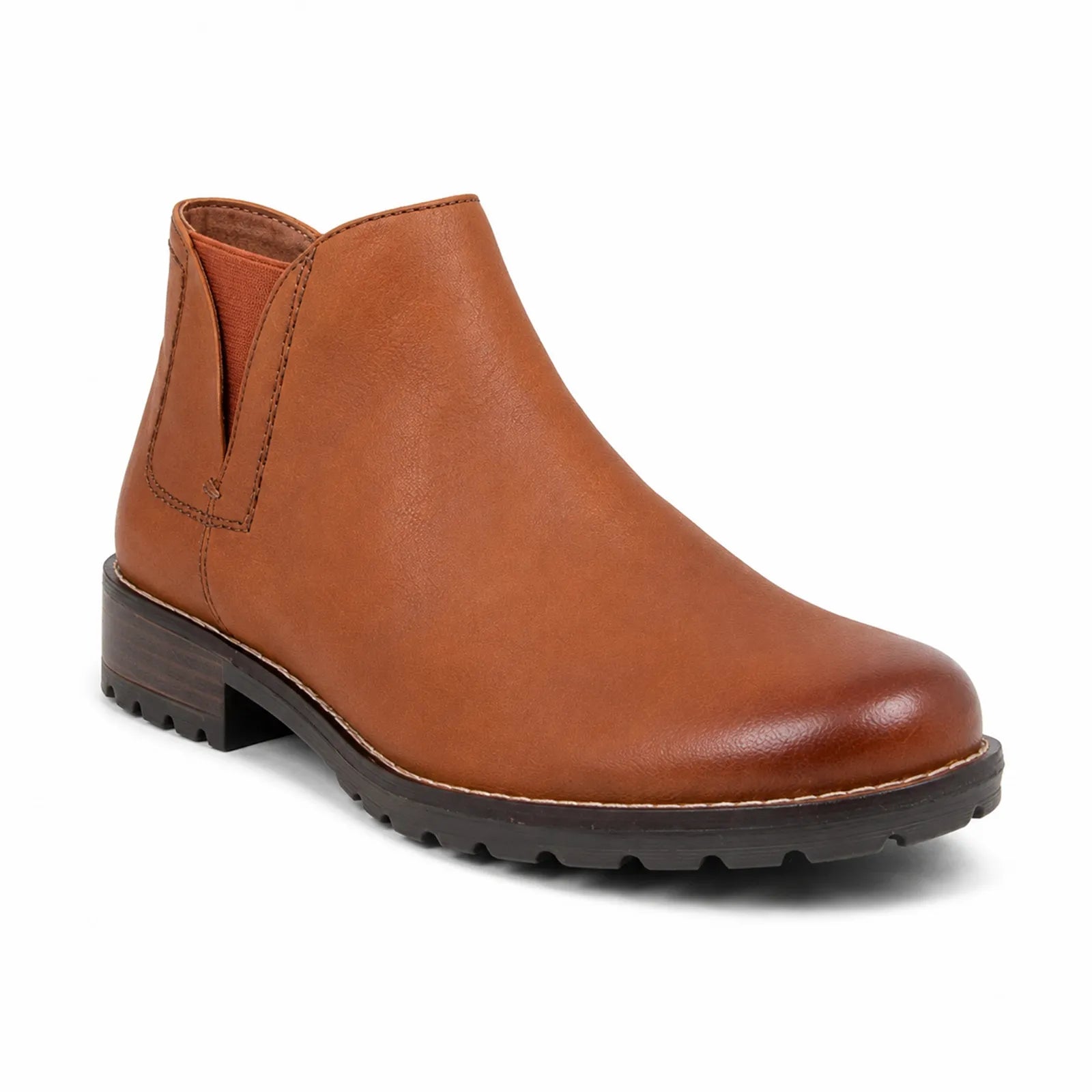 Brown leather ankle boot with elastic side panels and low block heel