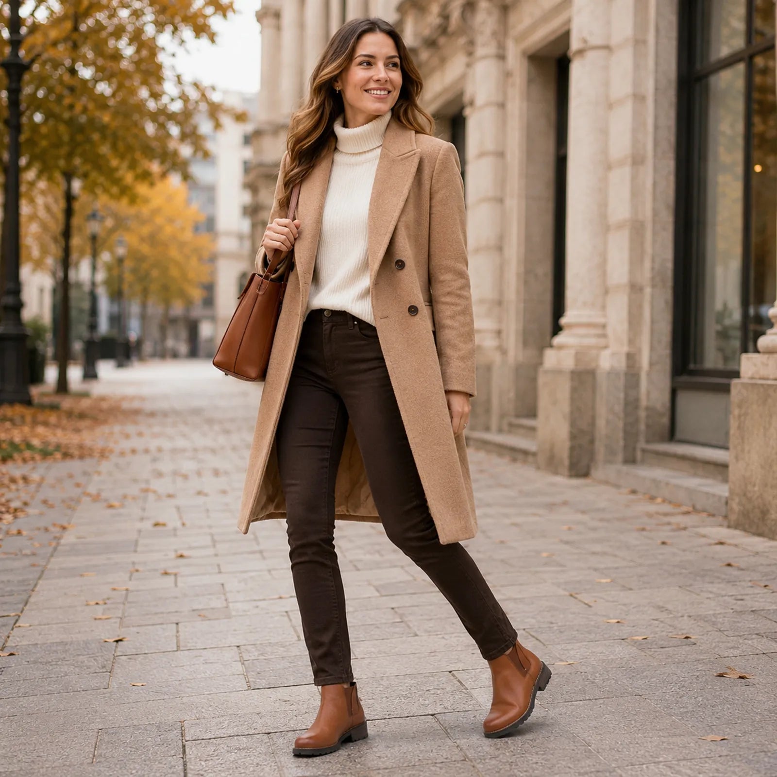 Brown leather ankle boot with elastic side panels and low block heel