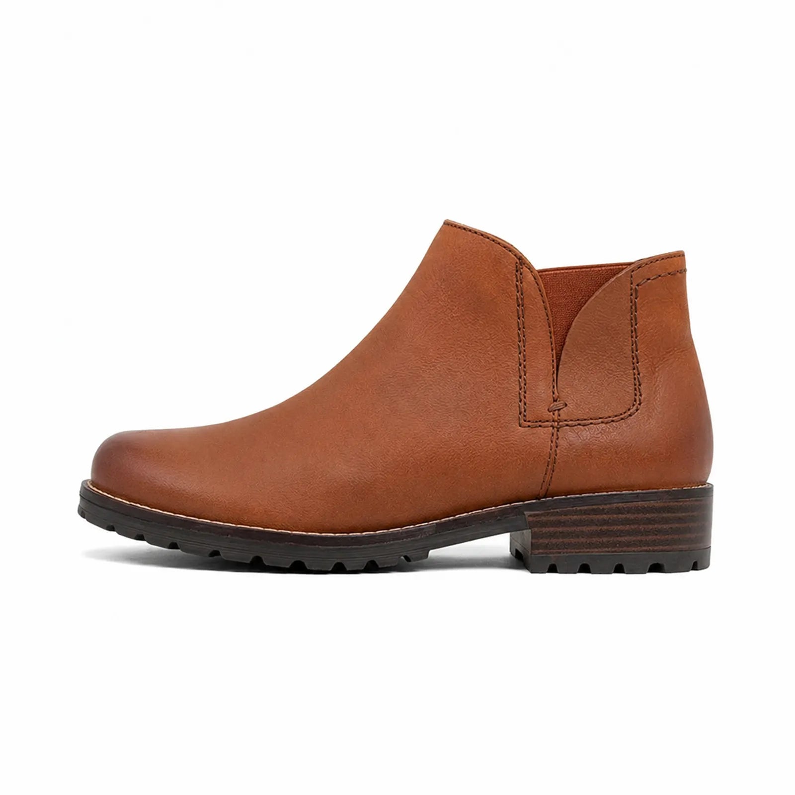 Brown leather ankle boot with side elastic gore and low treaded heel