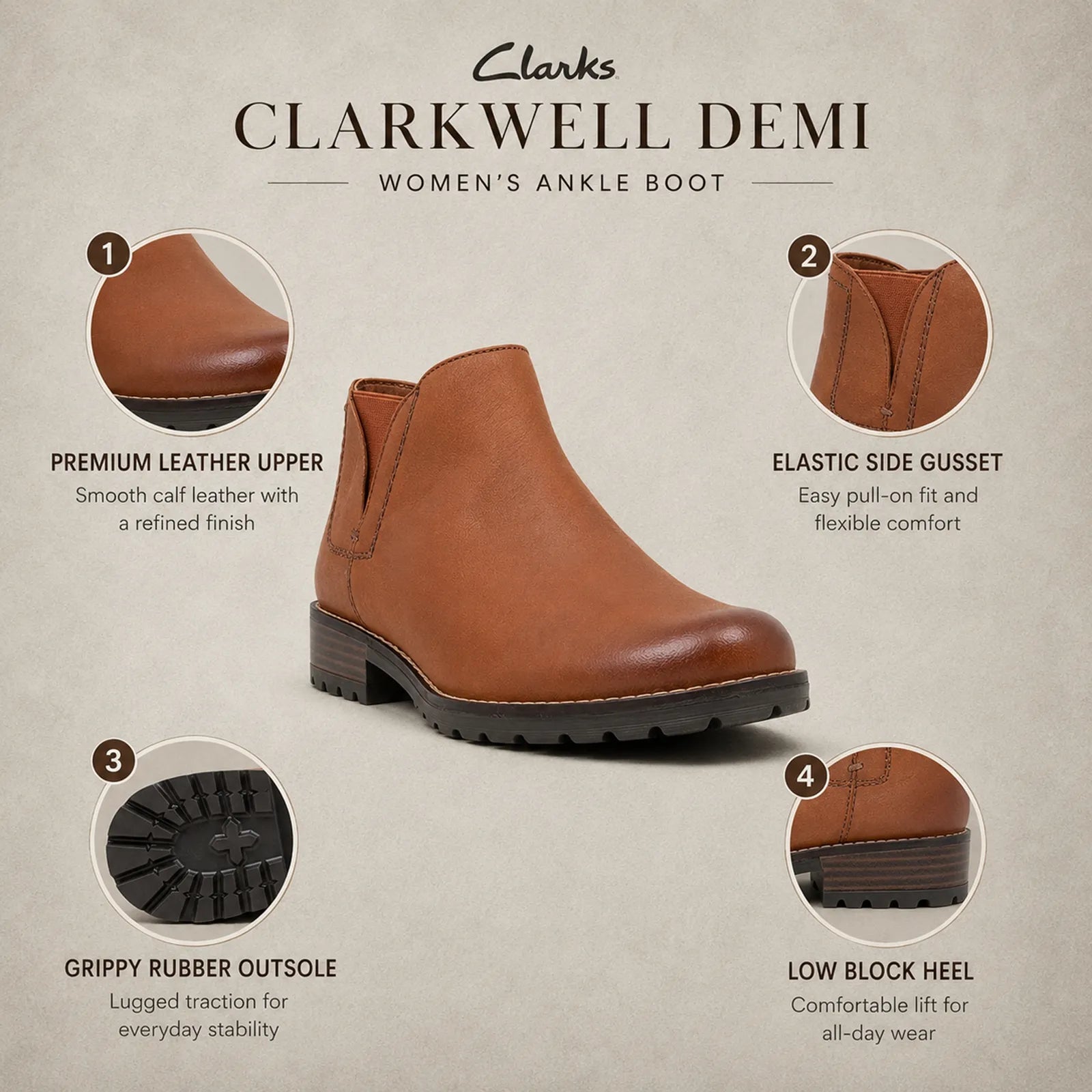 Brown leather ankle boot with elastic side panels and low block heel