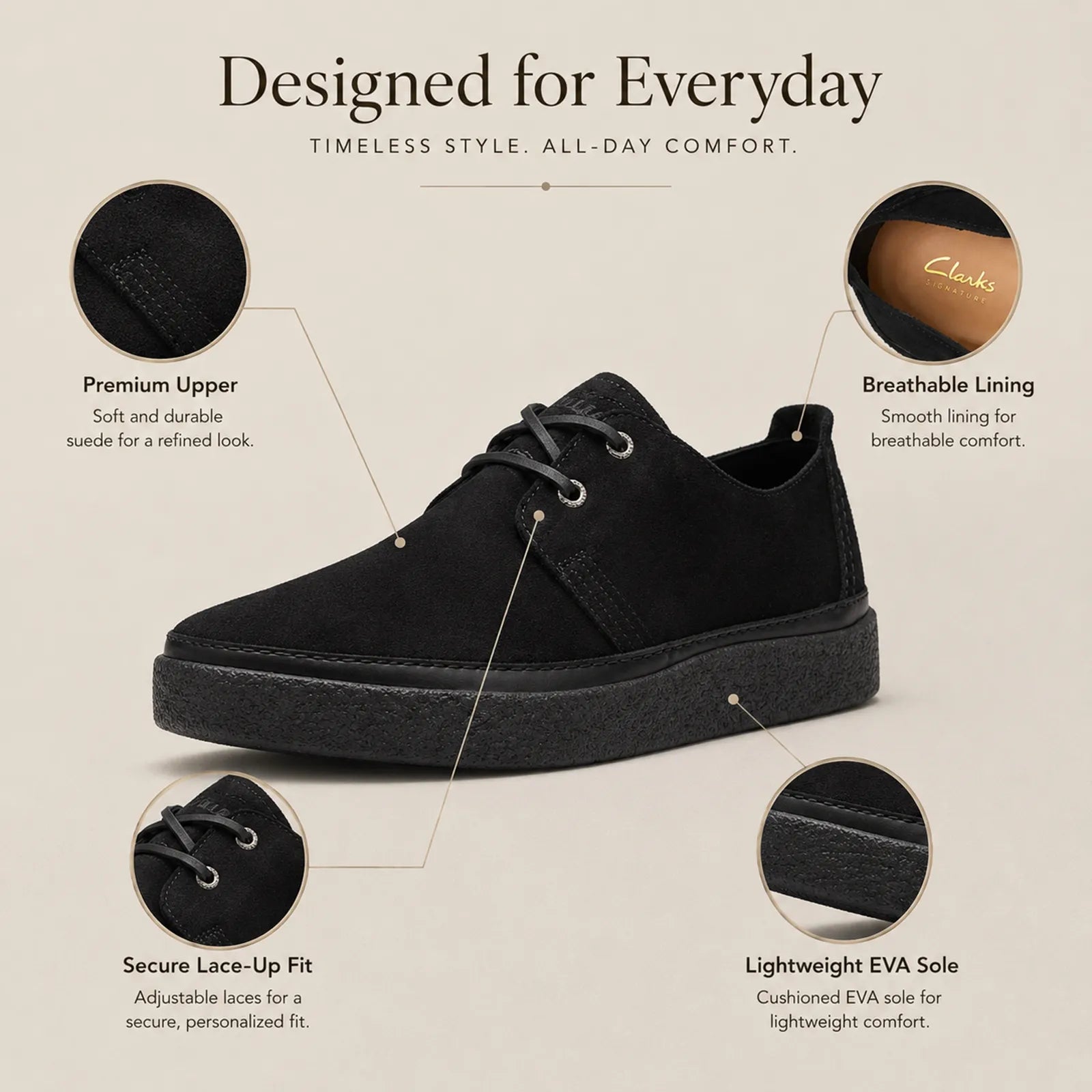 Men's black leather lace-up low loafers with secure eyelet lacing and cushioned sole