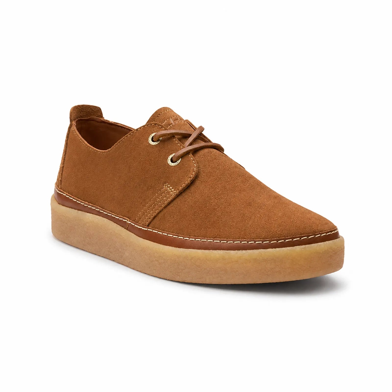 Men's brown leather lace-up low loafers with round eyelets and contrast stitching