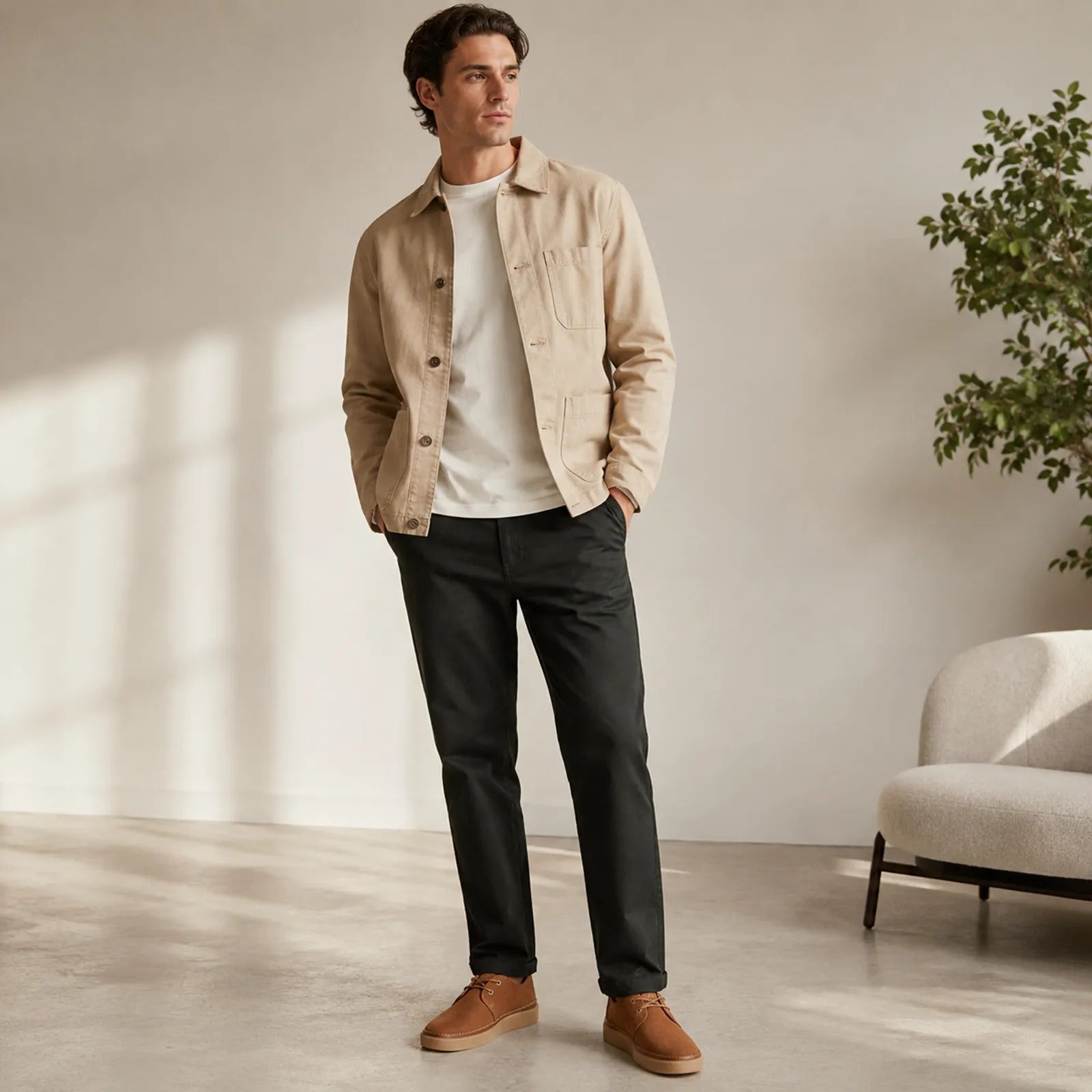 Men's brown leather lace-up low loafers worn with casual outfit and dark pants