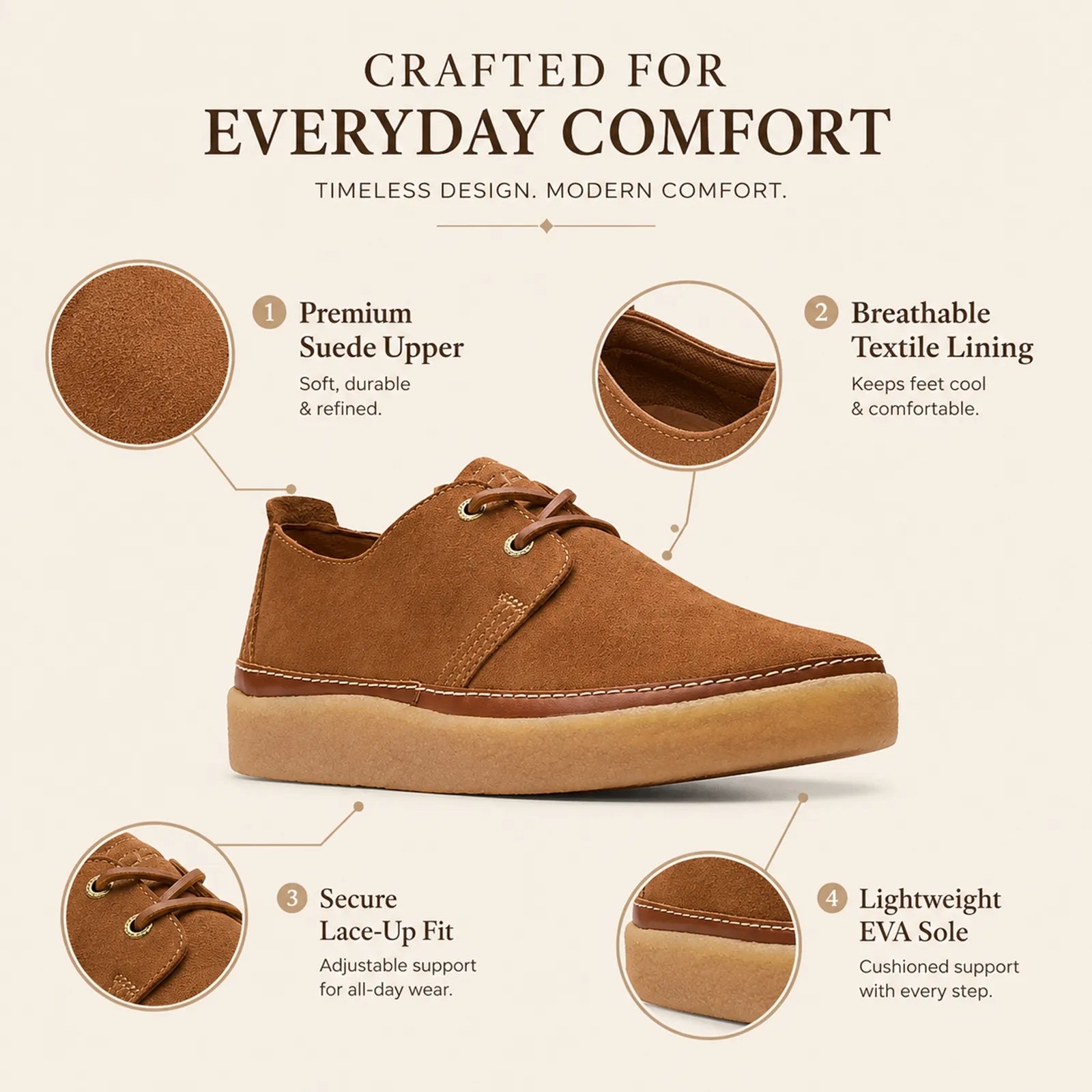 Brown suede low men's lace-up casual shoe with cushioned sole and eyelet laces