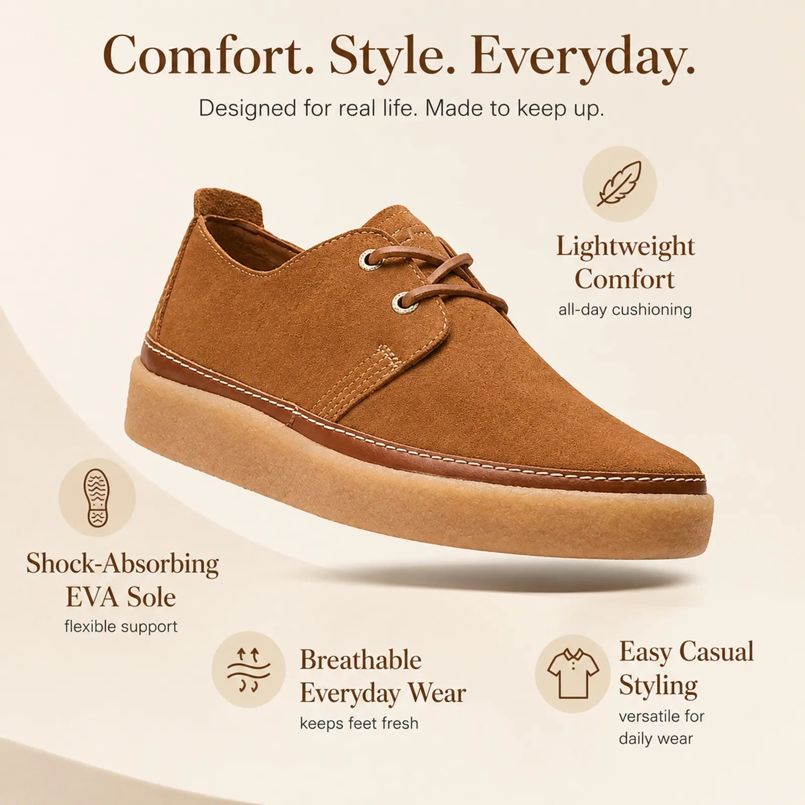 Brown low lace-up casual shoe with stitched detailing and cushioned sole