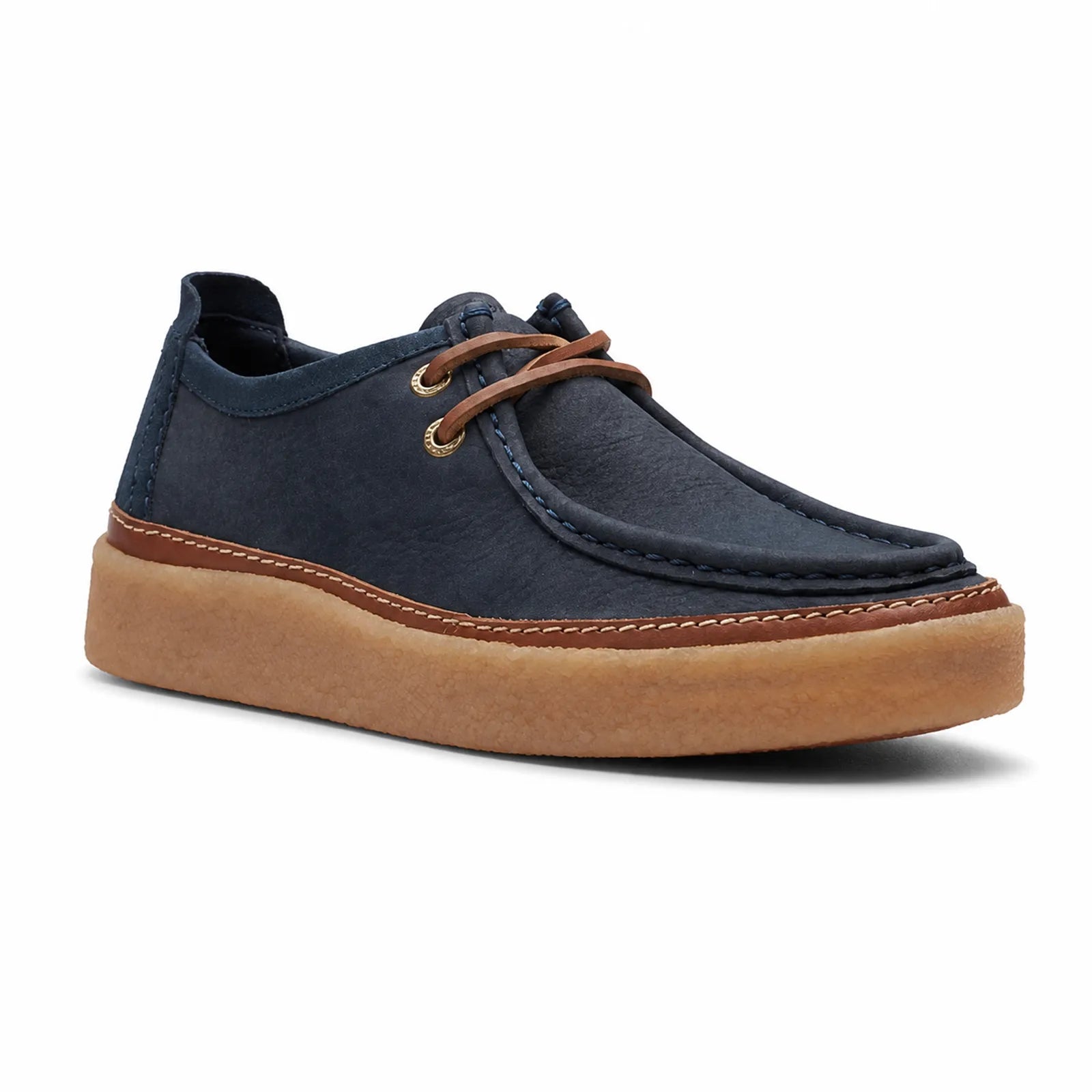 Men's lace-up moccasin loafers in dark blue suede with tan cushioned sole