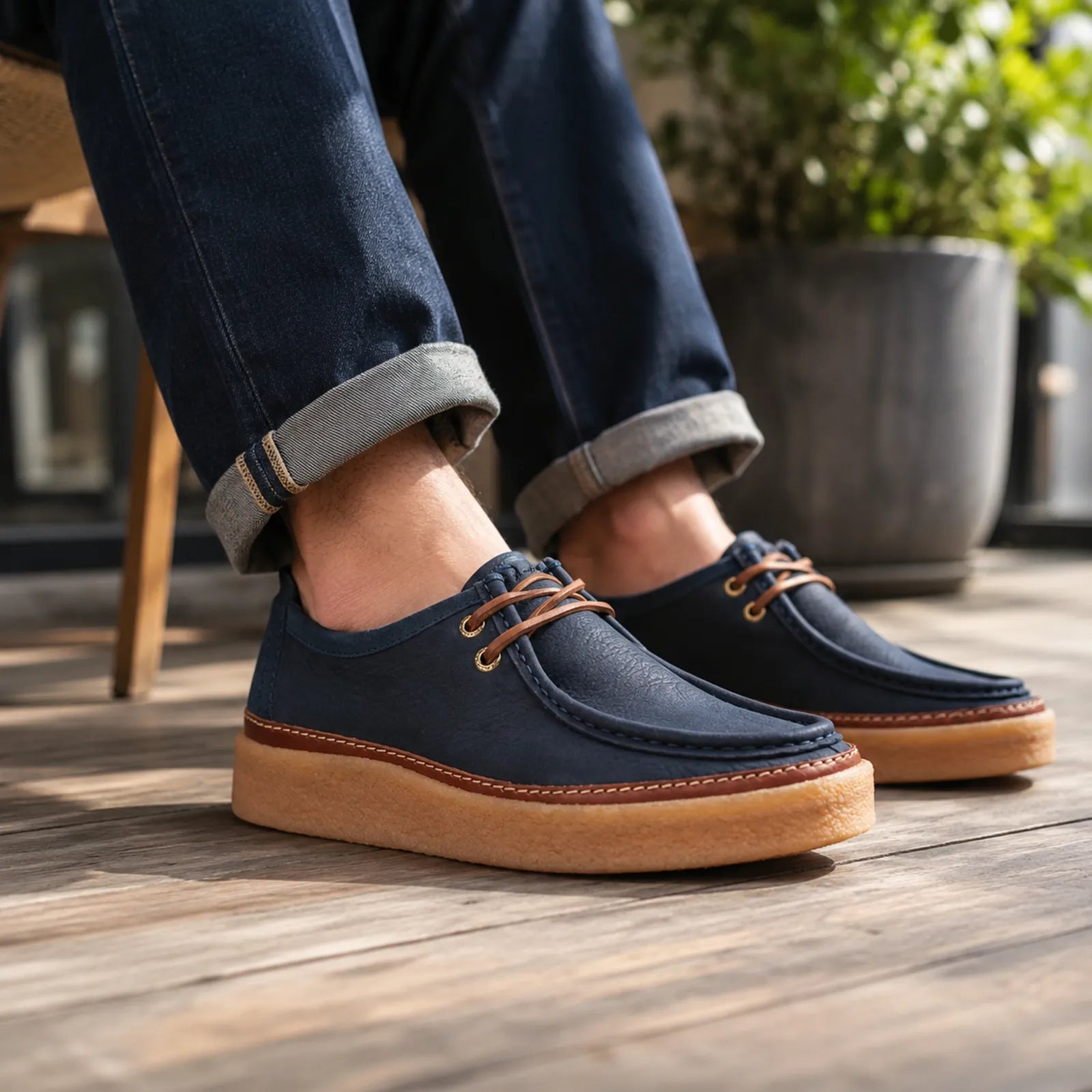 Men's dark blue suede lace-up loafers, brown laces and tan sole