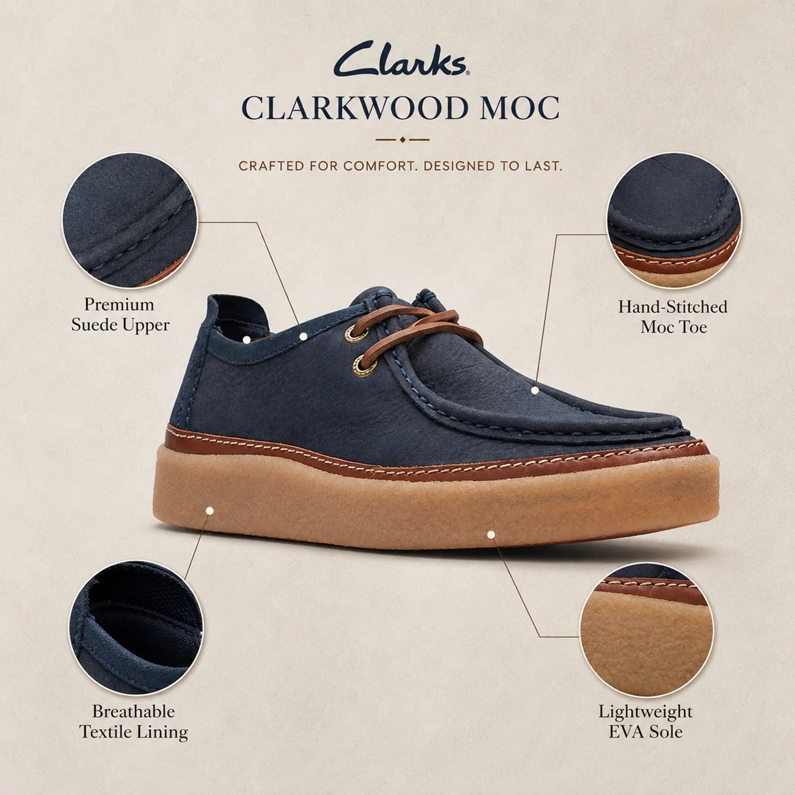 Men's suede moc toe loafers, dark blue with tan EVA sole and brown stitched edges