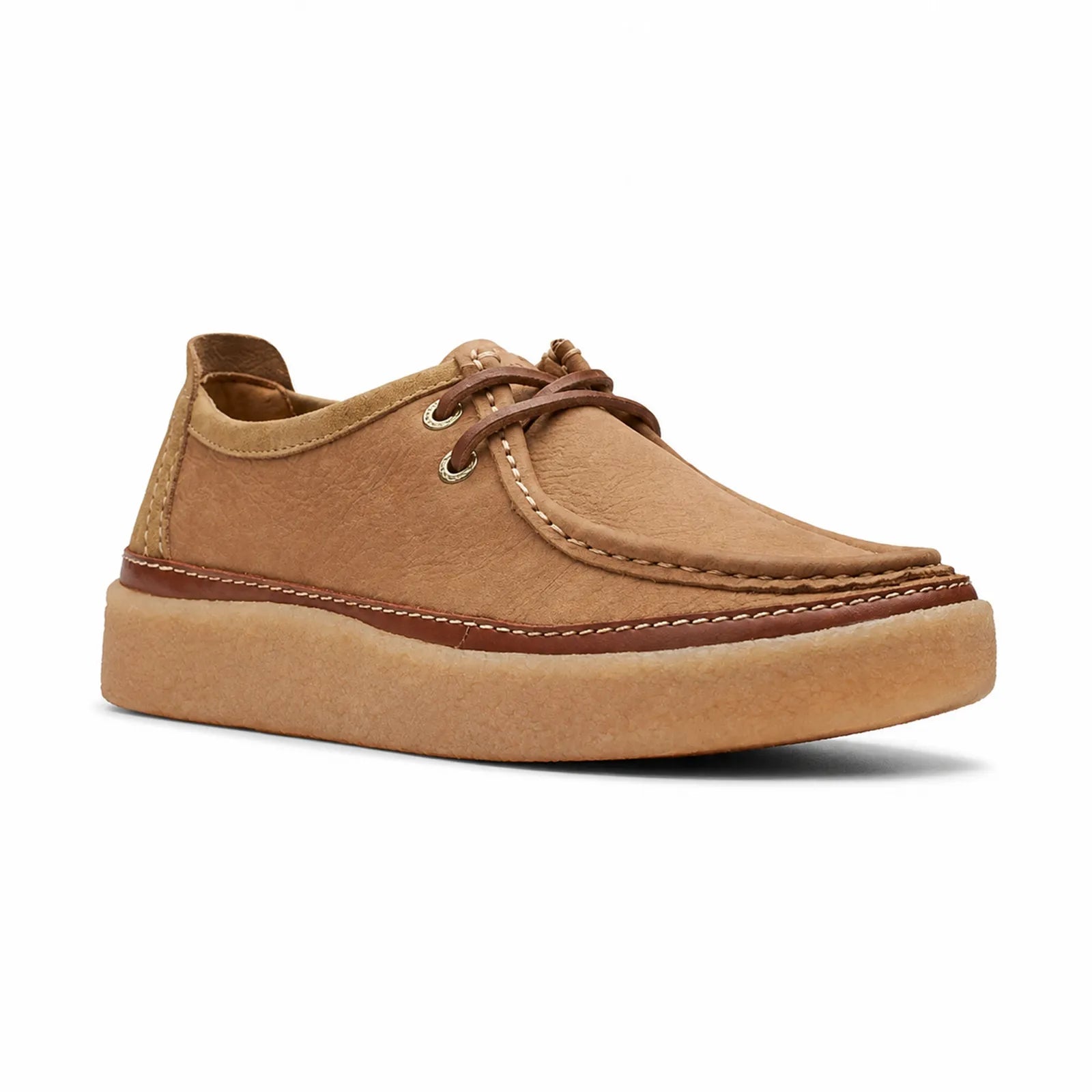 Men's suede moccasin loafers with lace-up, brown upper and cushioned tan sole