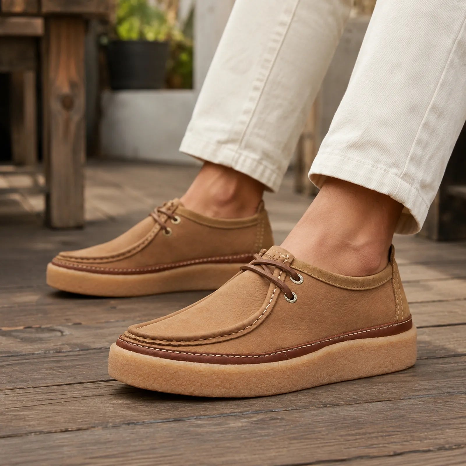 Men's lace-up suede loafers, tan-brown upper with stitched moc toe