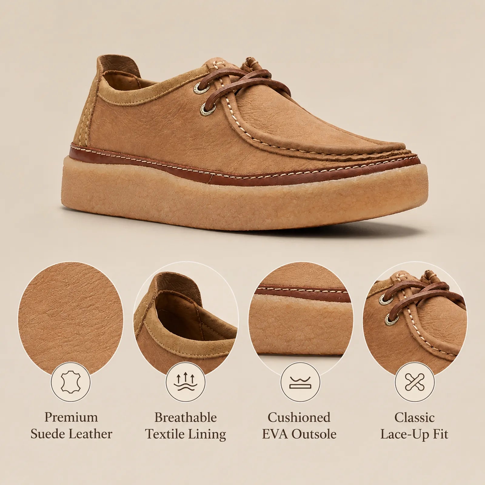 Men's brown suede lace-up moccasin loafers with cushioned EVA outsole