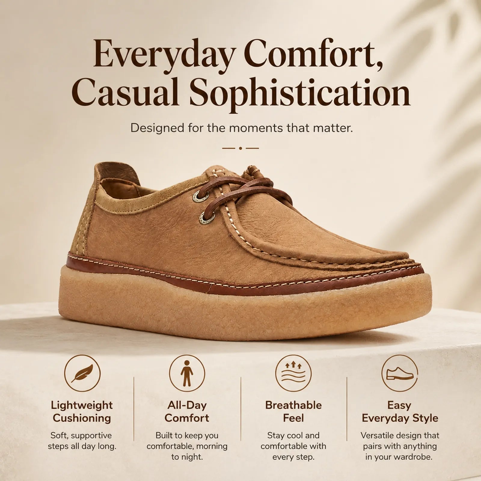 Men's brown suede lace-up moccasin loafers with tan EVA outsole