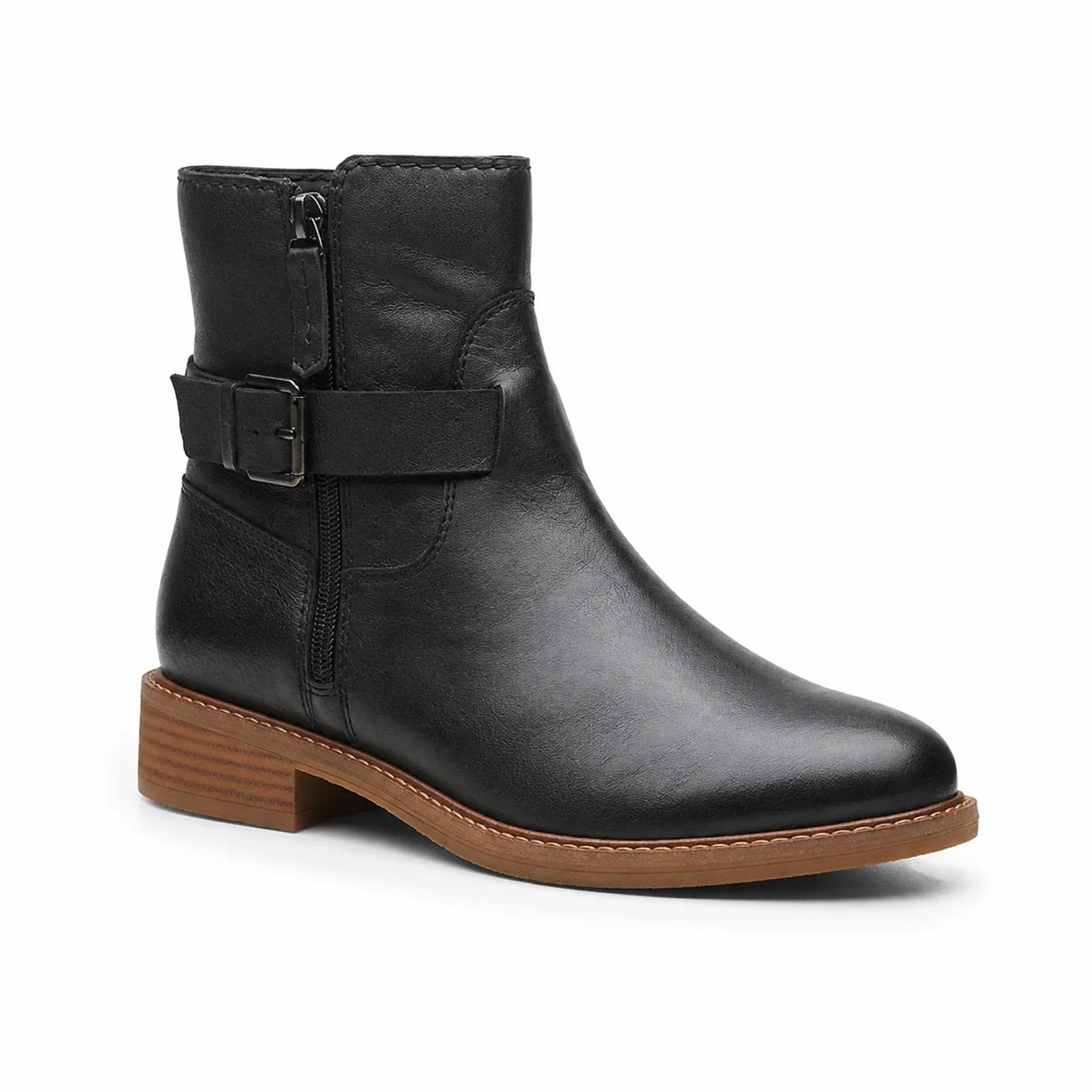 Black leather ankle boot with side zipper, strap buckle, and wood-look block heel
