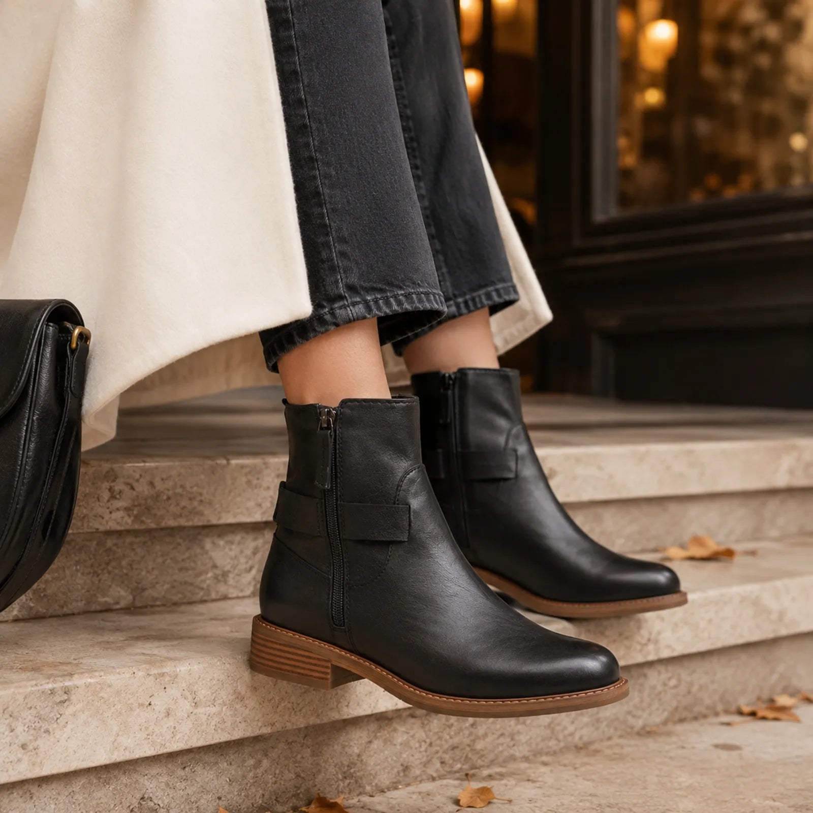 Women’s black leather ankle boots with side zip, buckle strap, and low wooden heel