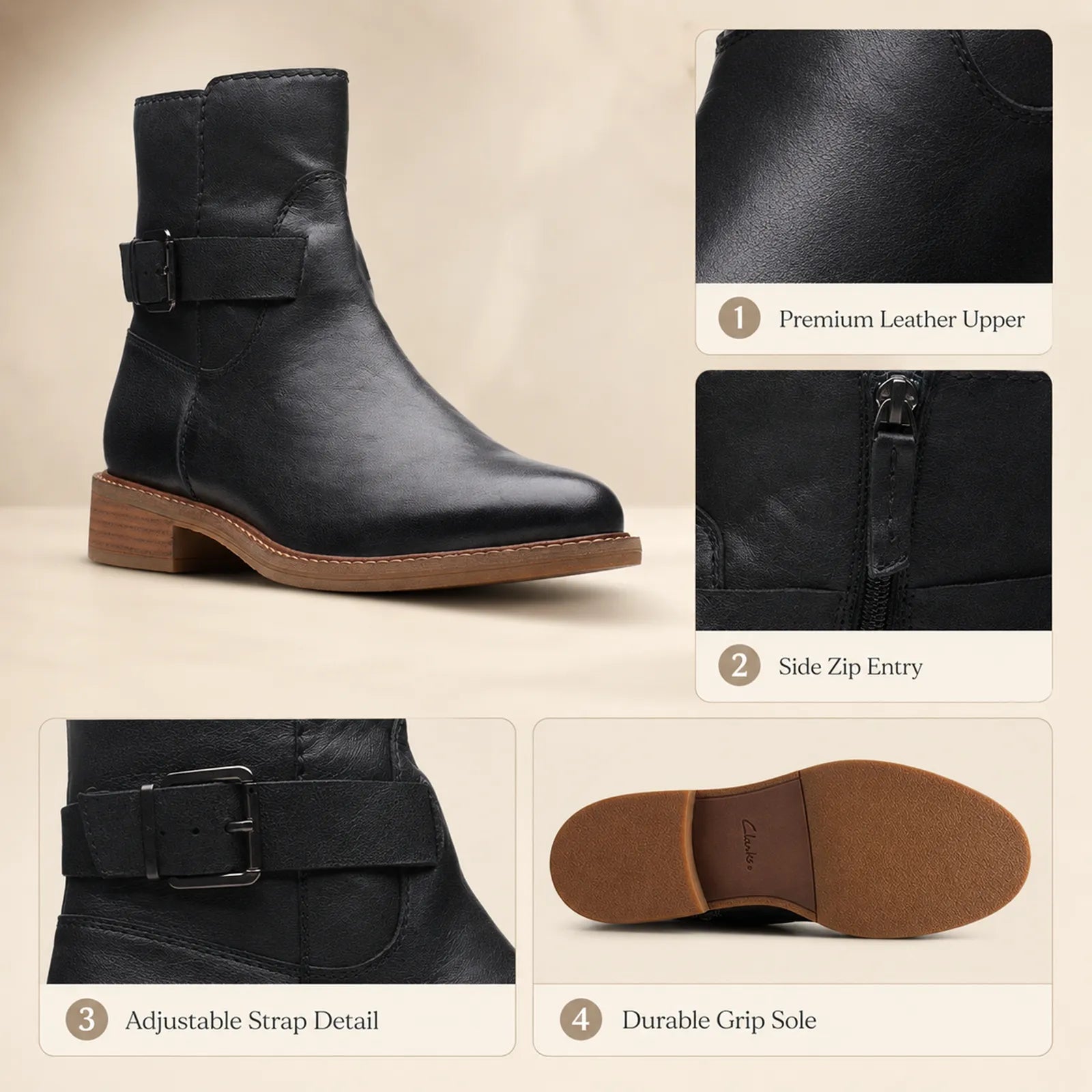 Women’s black leather ankle boots with buckle strap and side zip entry, low heel
