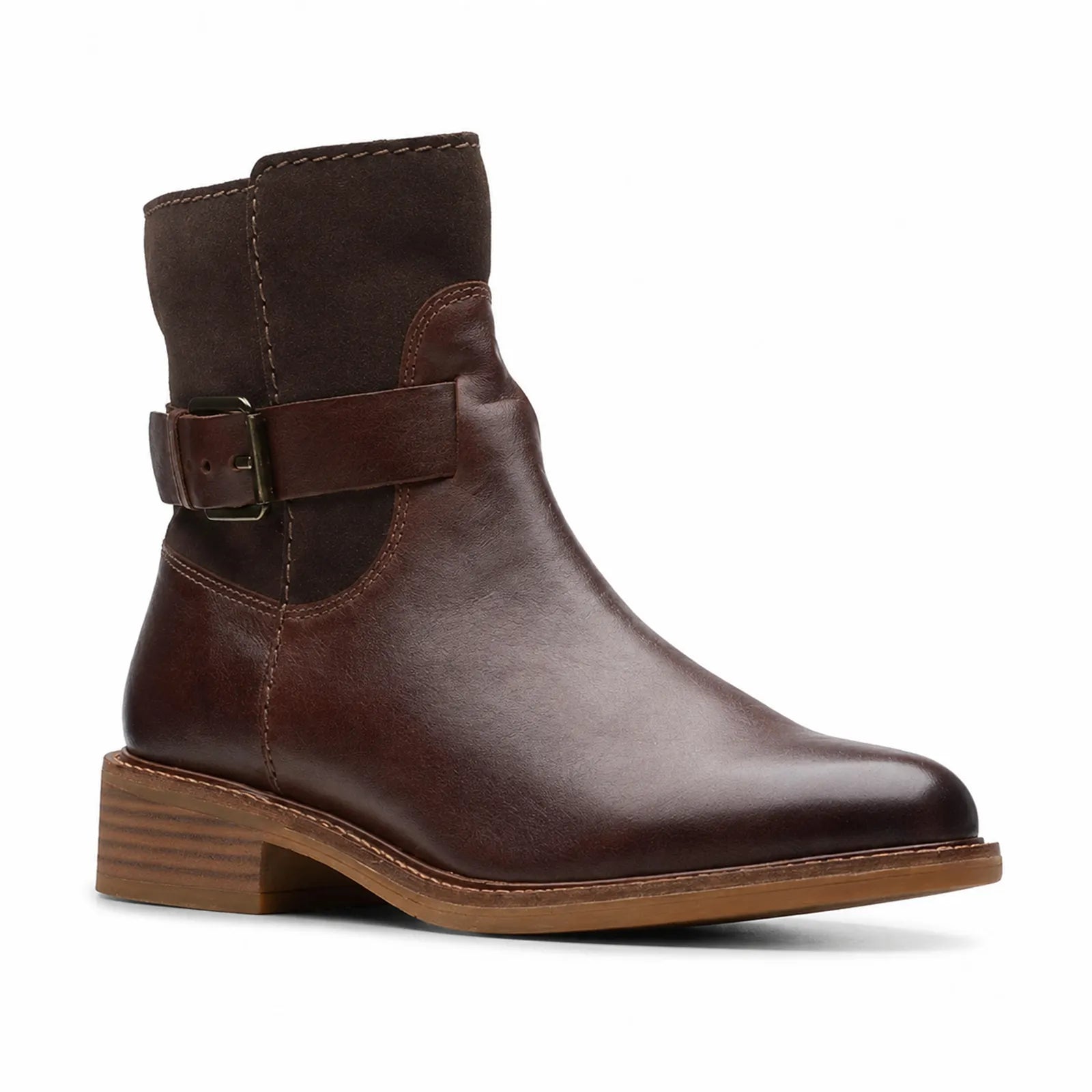 Women’s leather ankle boots in dark brown with ankle strap and low wooden heel