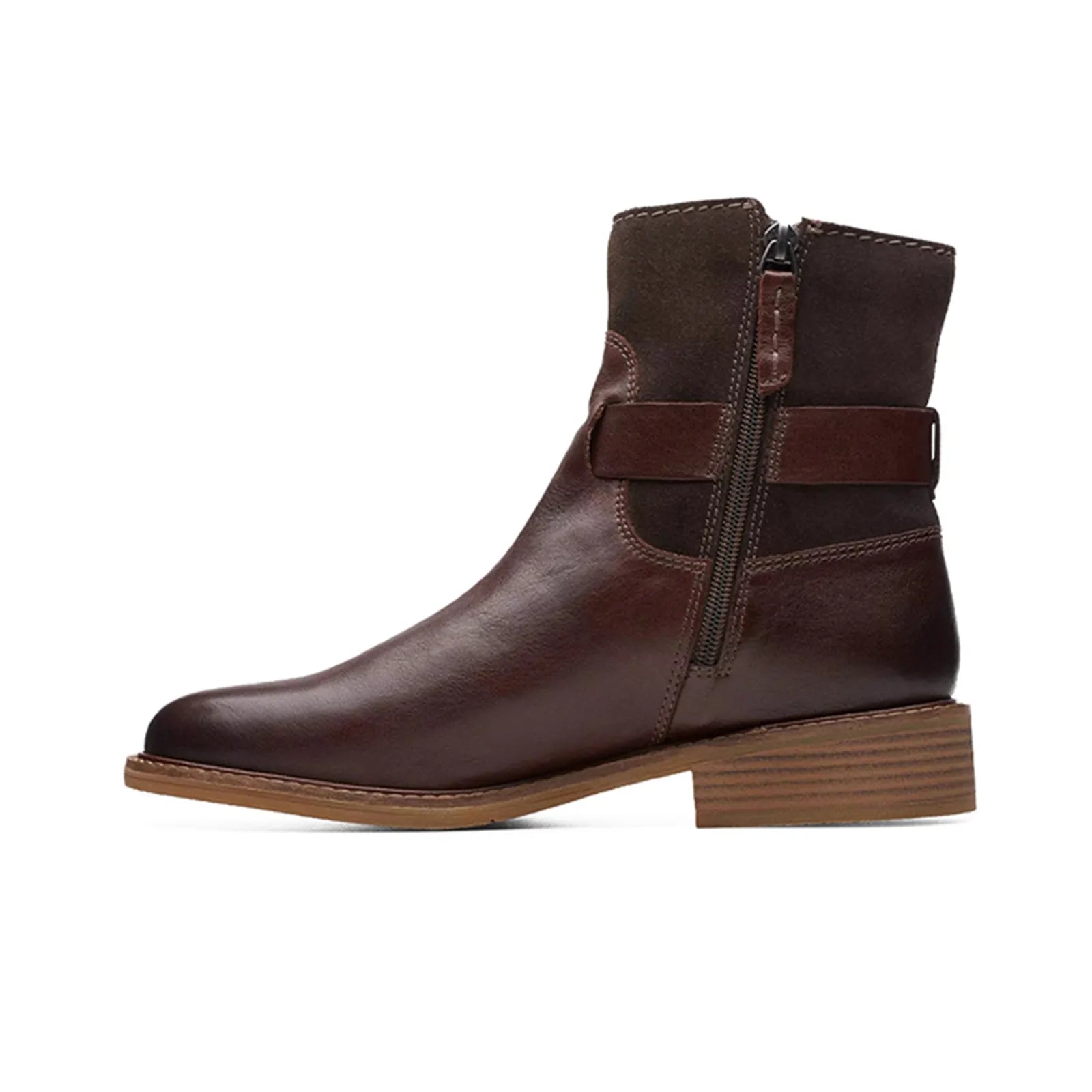Women’s dark brown leather ankle boots with side zip and buckle strap, low heel