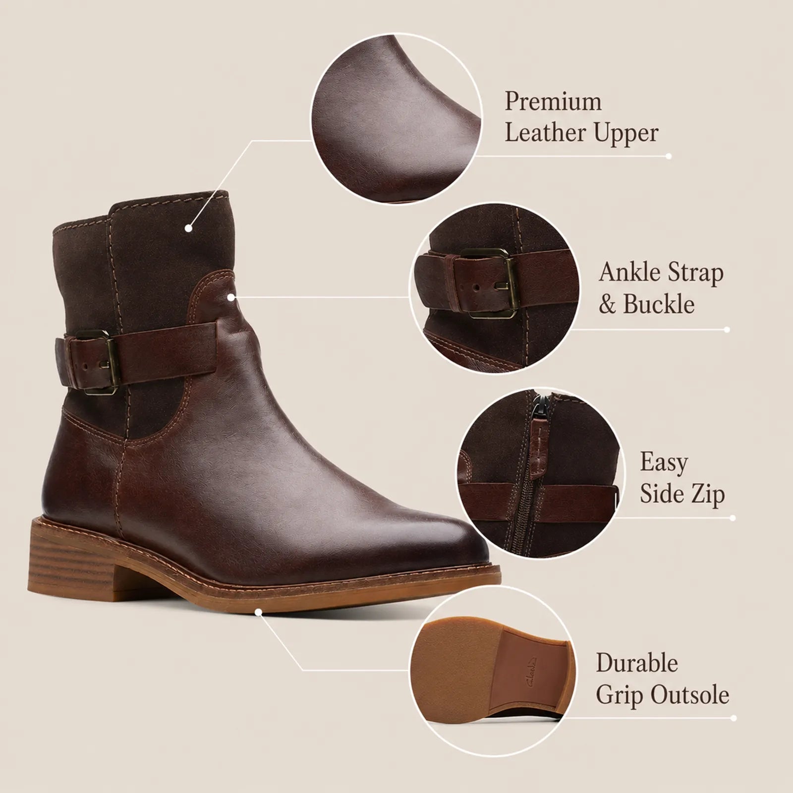 Women’s brown leather ankle boots with ankle strap buckle and side zip, low heel