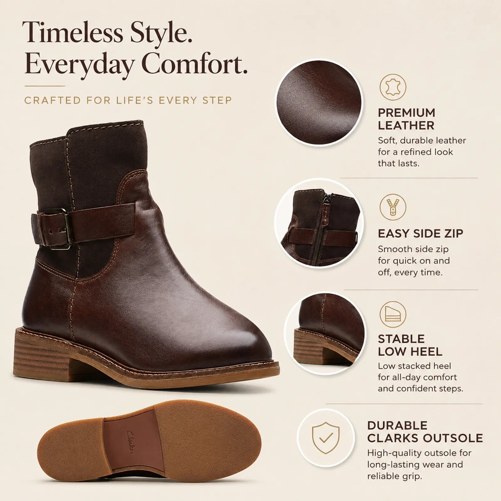 Women’s leather strap ankle boots, oxblood with low stacked heel and side zipper.