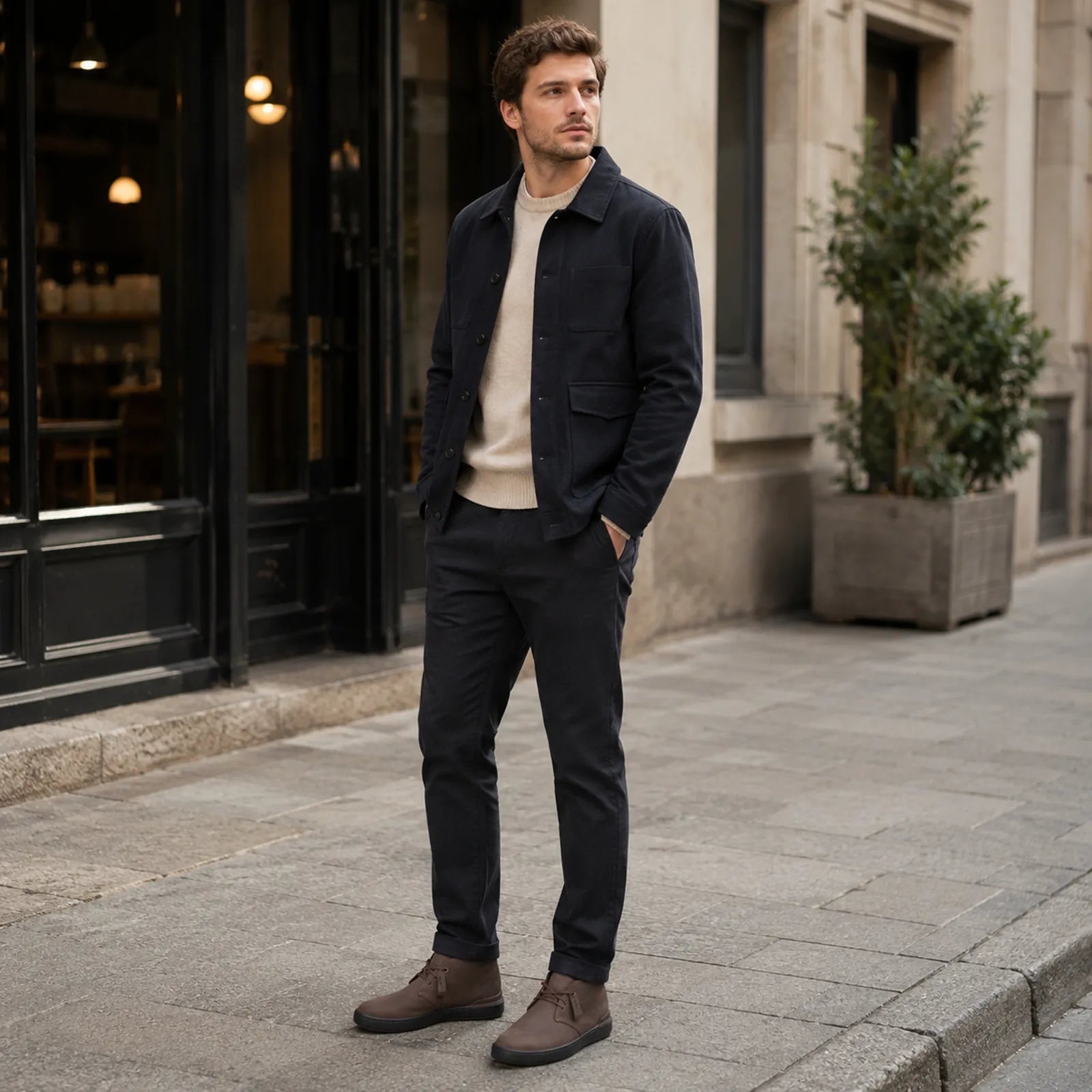 Men's dark brown lace-up chukka sneakers, low profile sole, outdoor side view