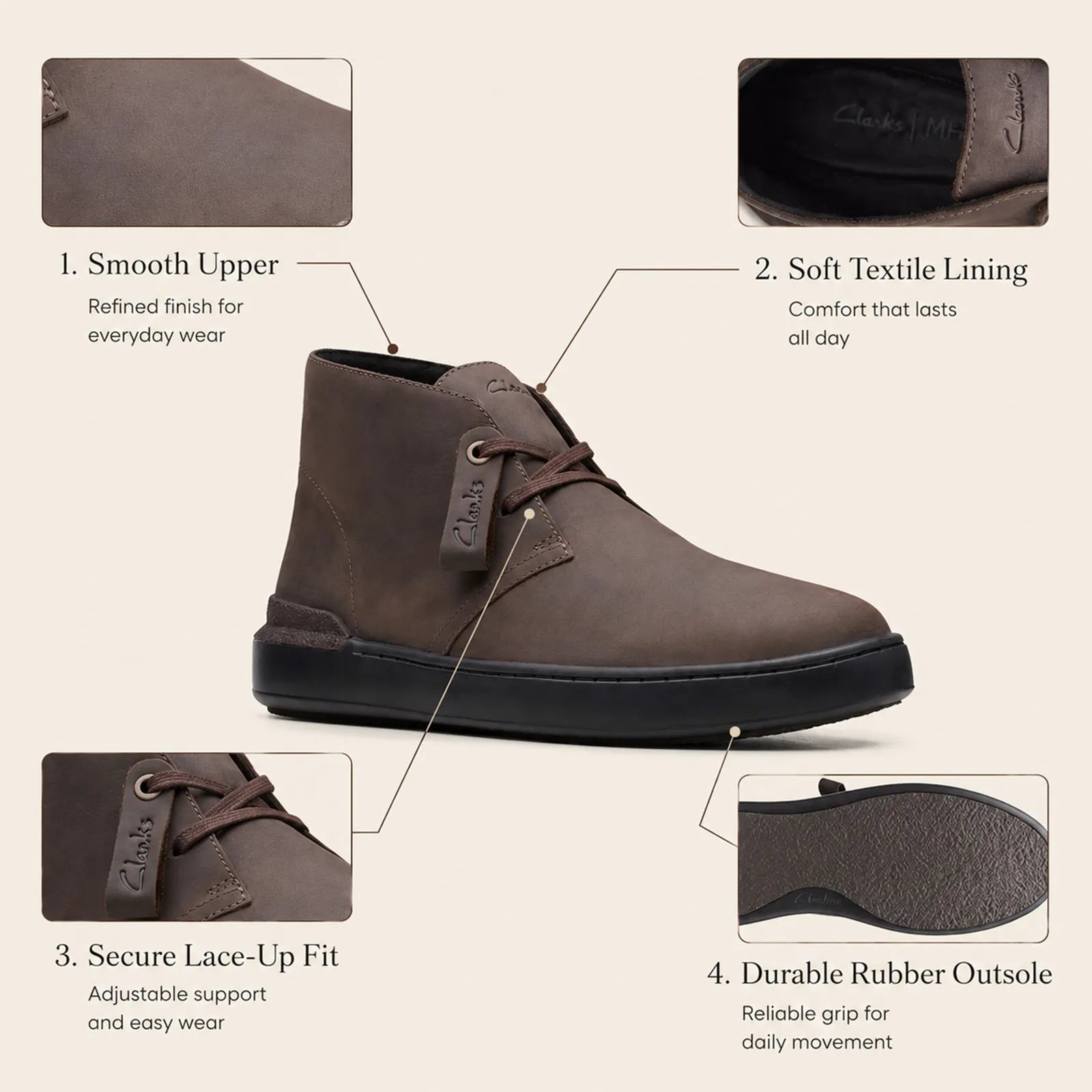 Men's dark brown suede chukka sneaker with secure lace-up fit and rubber outsole