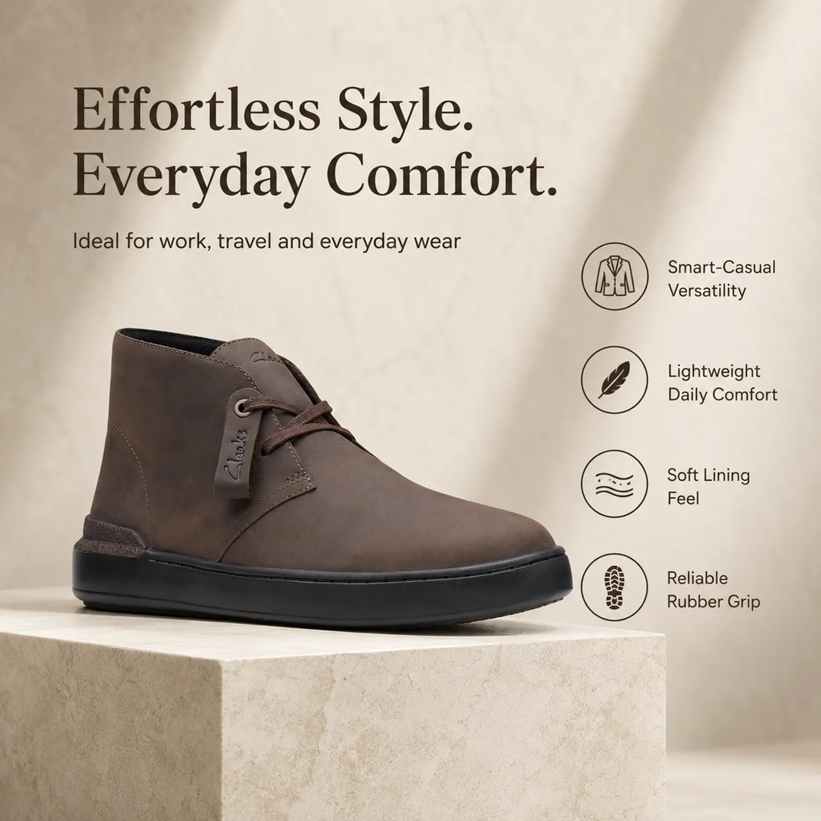 Men's dark brown lace-up chukka sneaker with padded collar and rubber grip sole