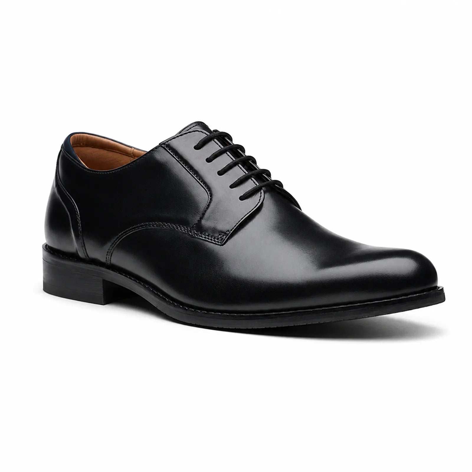 Men's black leather lace-up dress shoes with sleek cap toe and low heel sole