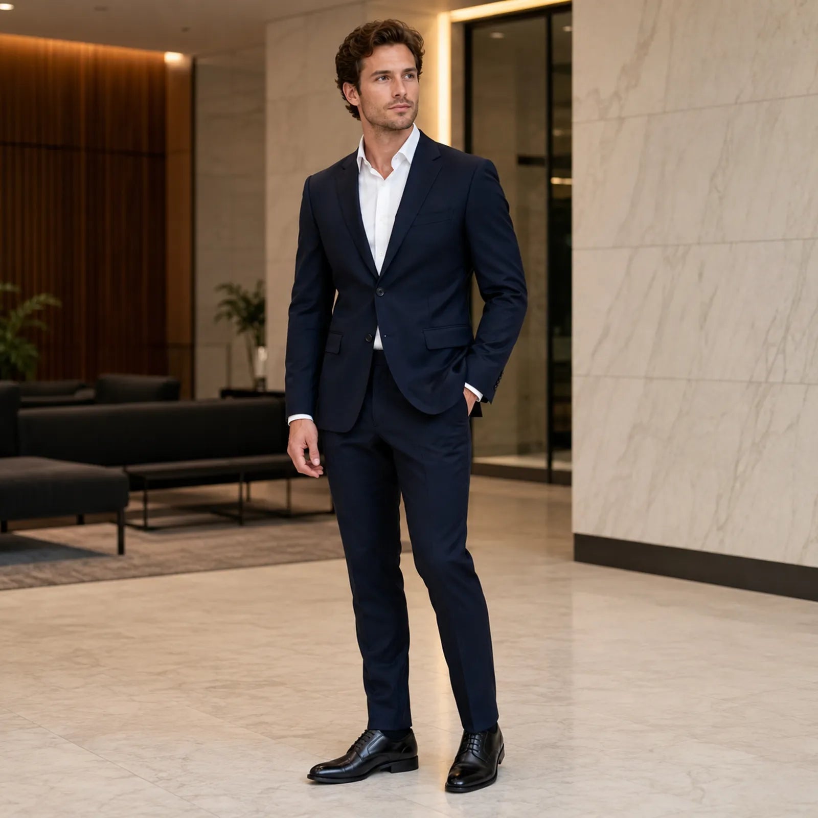 Men's black leather lace-up dress shoes, worn with a dark suit