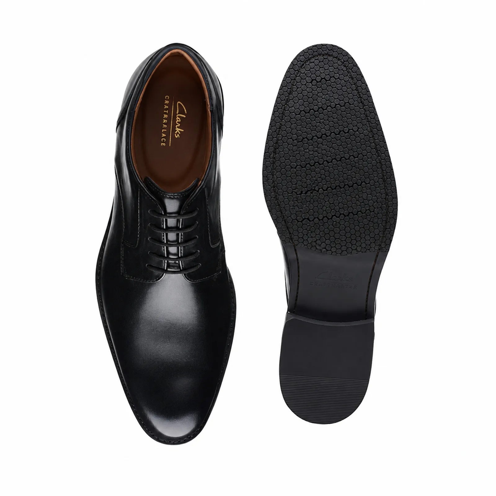Men's black leather lace-up dress shoes, front view with matching black sole