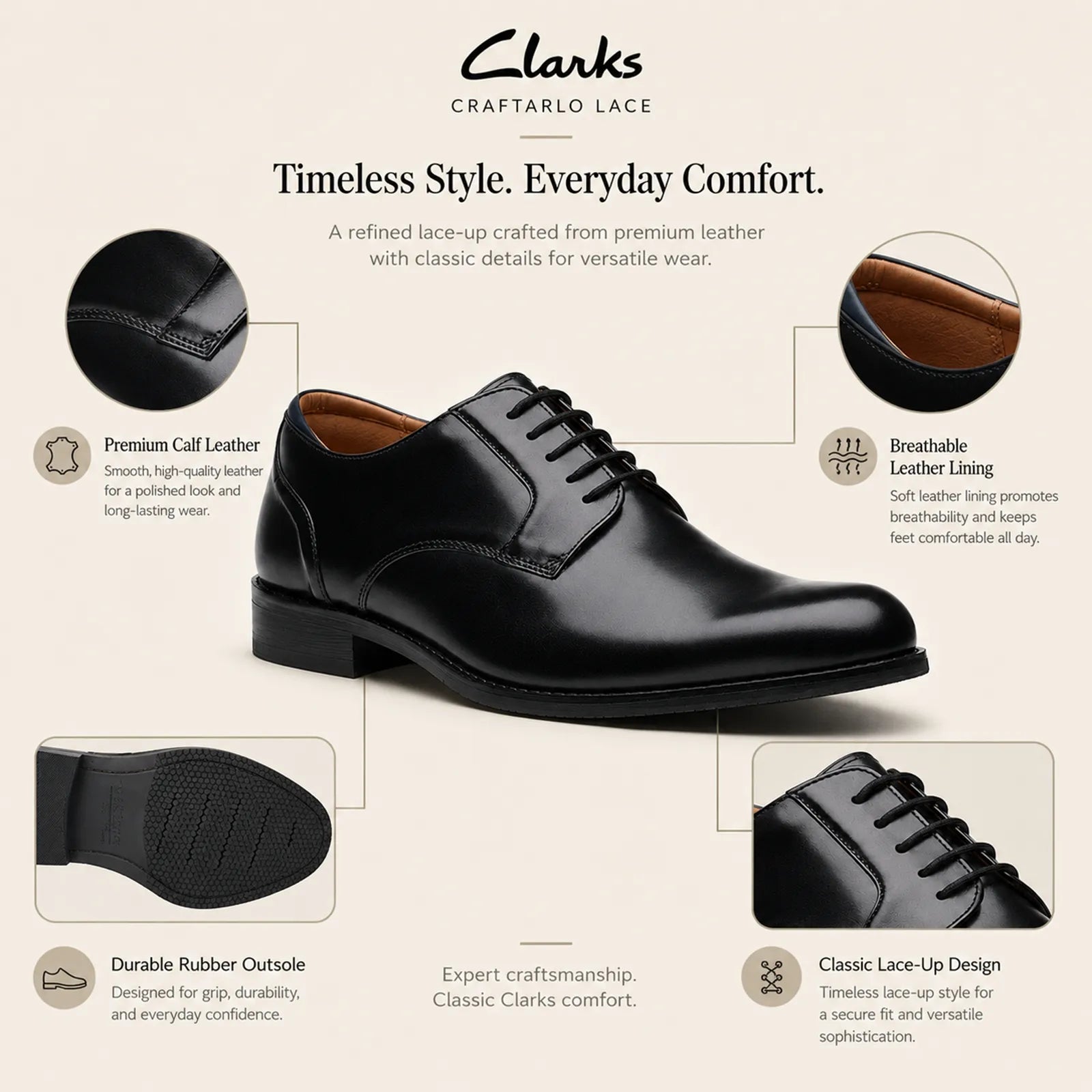 Men's black leather lace-up dress shoes shown on product infographic