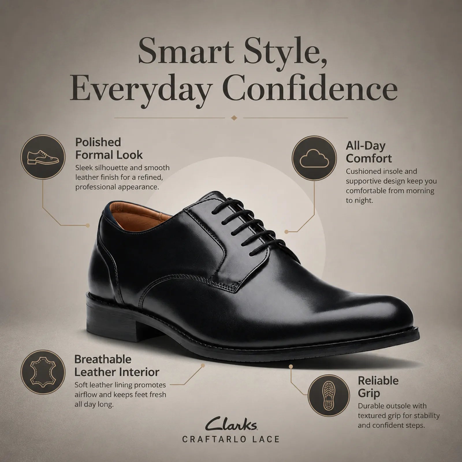 Men's black leather lace-up dress shoes shown on product infographic