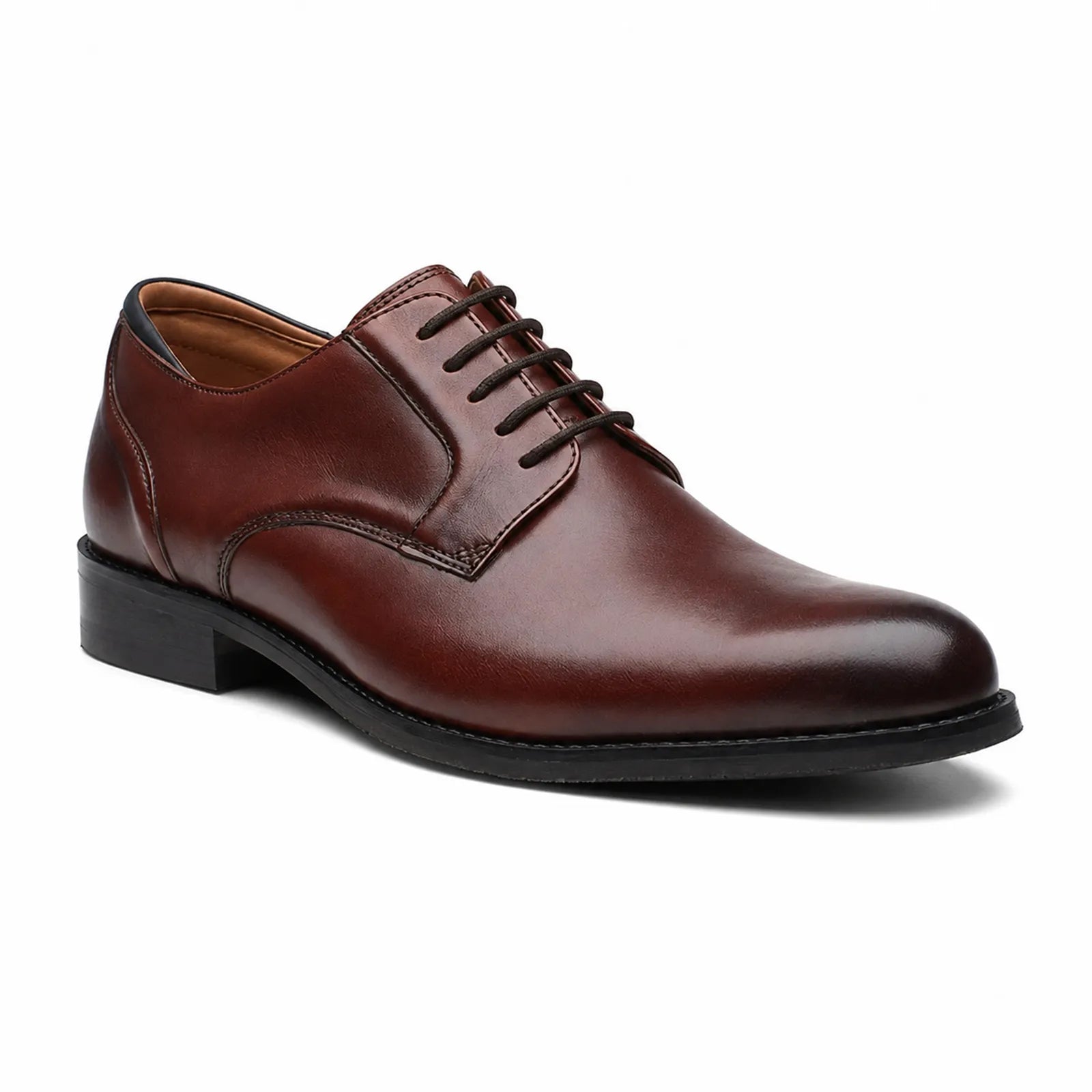 Men's oxblood leather lace-up dress shoes with stitched apron and low heel sole