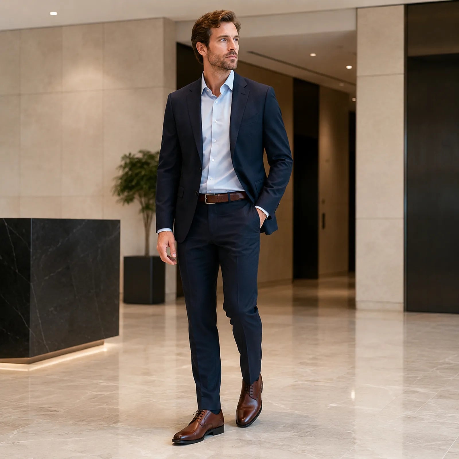 Men's oxblood leather lace-up dress shoes, worn with a dark suit