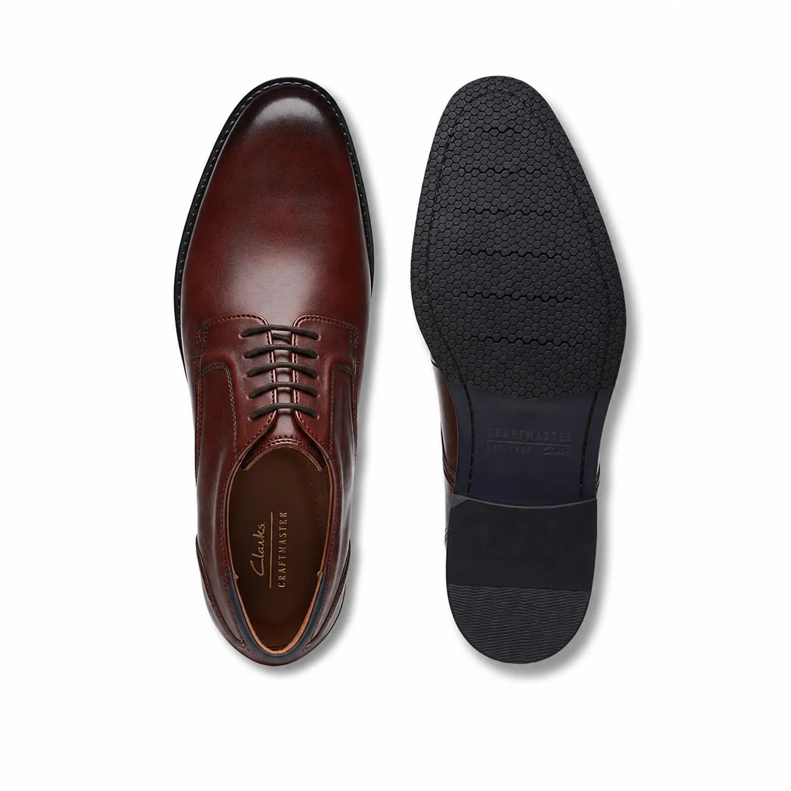 Men's oxblood leather lace-up dress shoes, front and bottom views with dark sole