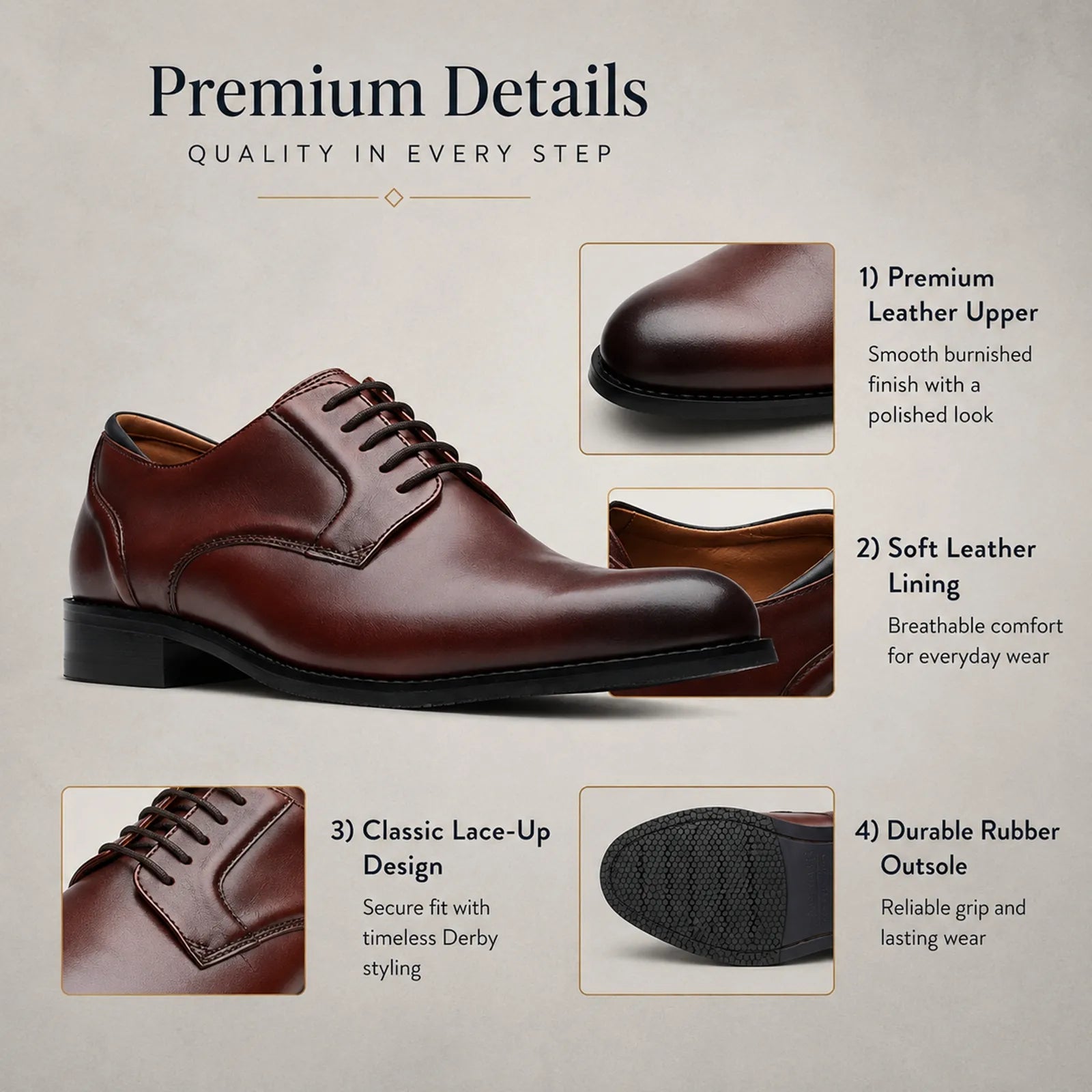 Men's oxblood leather lace-up dress shoes with smooth finish and dark rubber sole