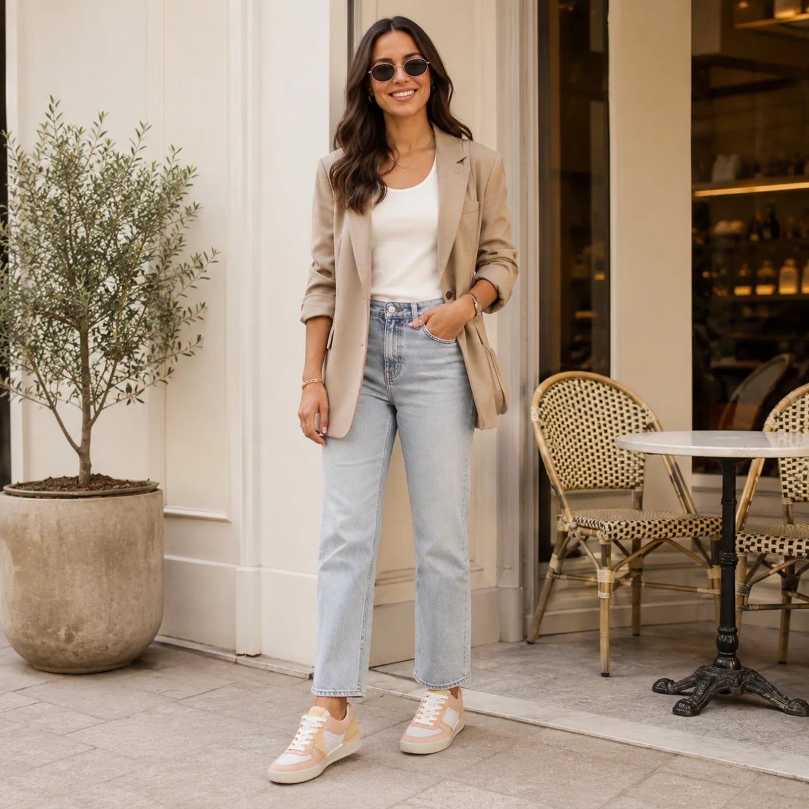 Women’s pale peach and white lace-up sneakers worn with light blue jeans