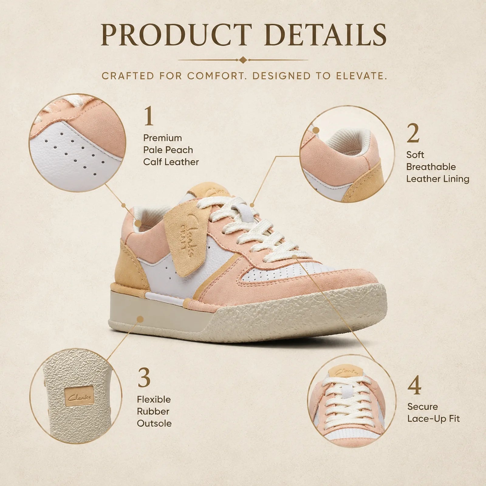 Women’s pale peach court sneakers with white perforated toe and lace-up strap